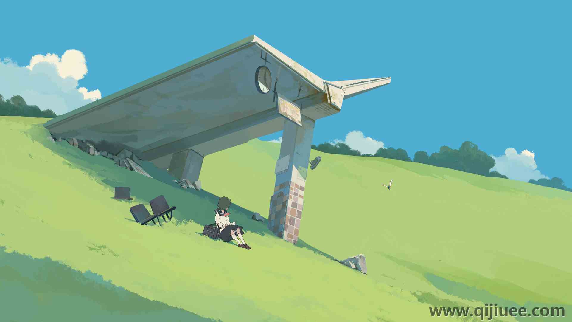 风景 云 校服 裙子 自然 环境 公交车站 电脑壁纸 4K壁纸6500 x 3507/6.43 MB-柒染云阁