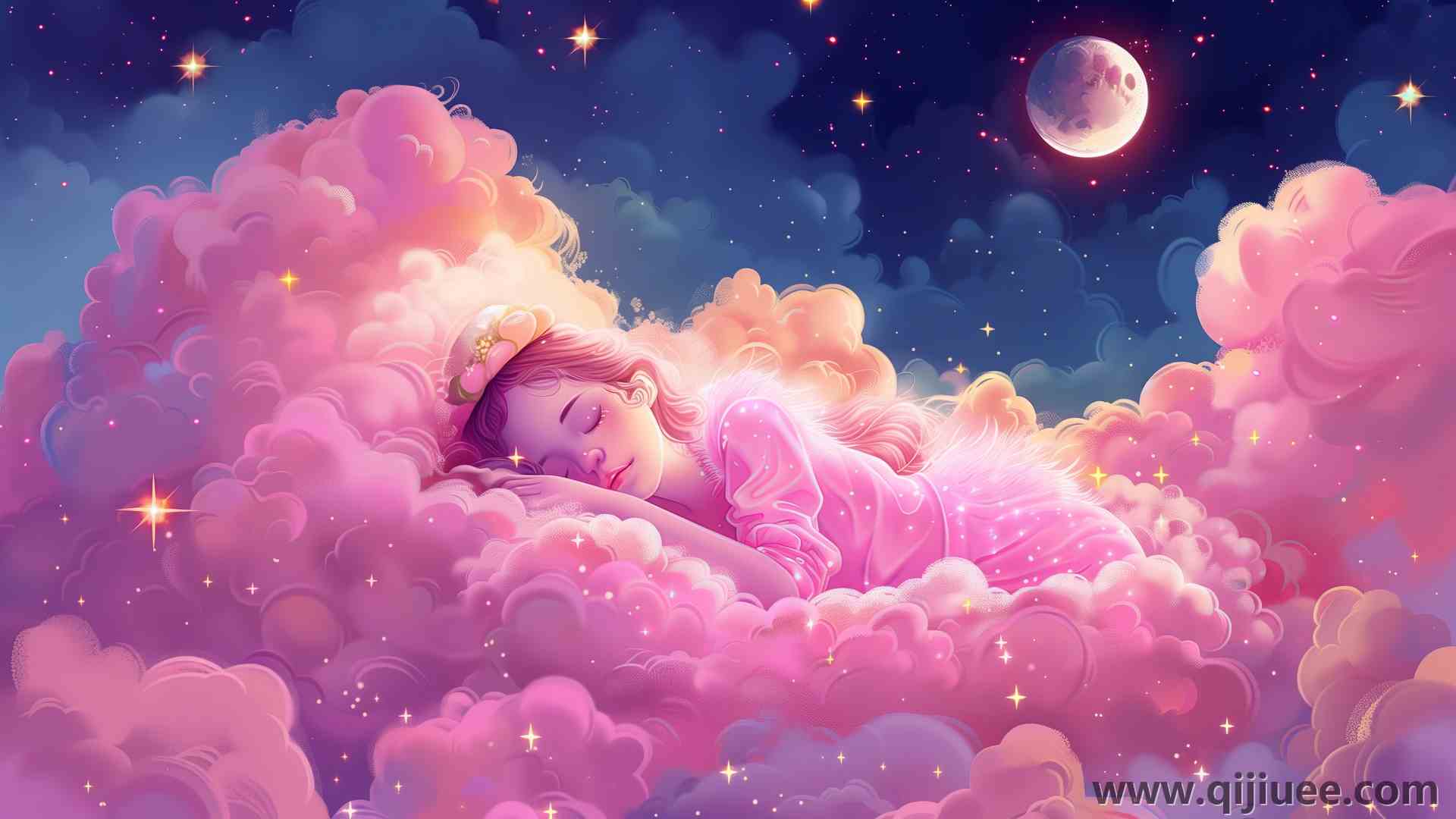 女人 人工智能艺术 插图 云 月亮 睡眠 粉色 电脑壁纸 4K壁纸5824 x 3264/10.03 MB-柒染云阁