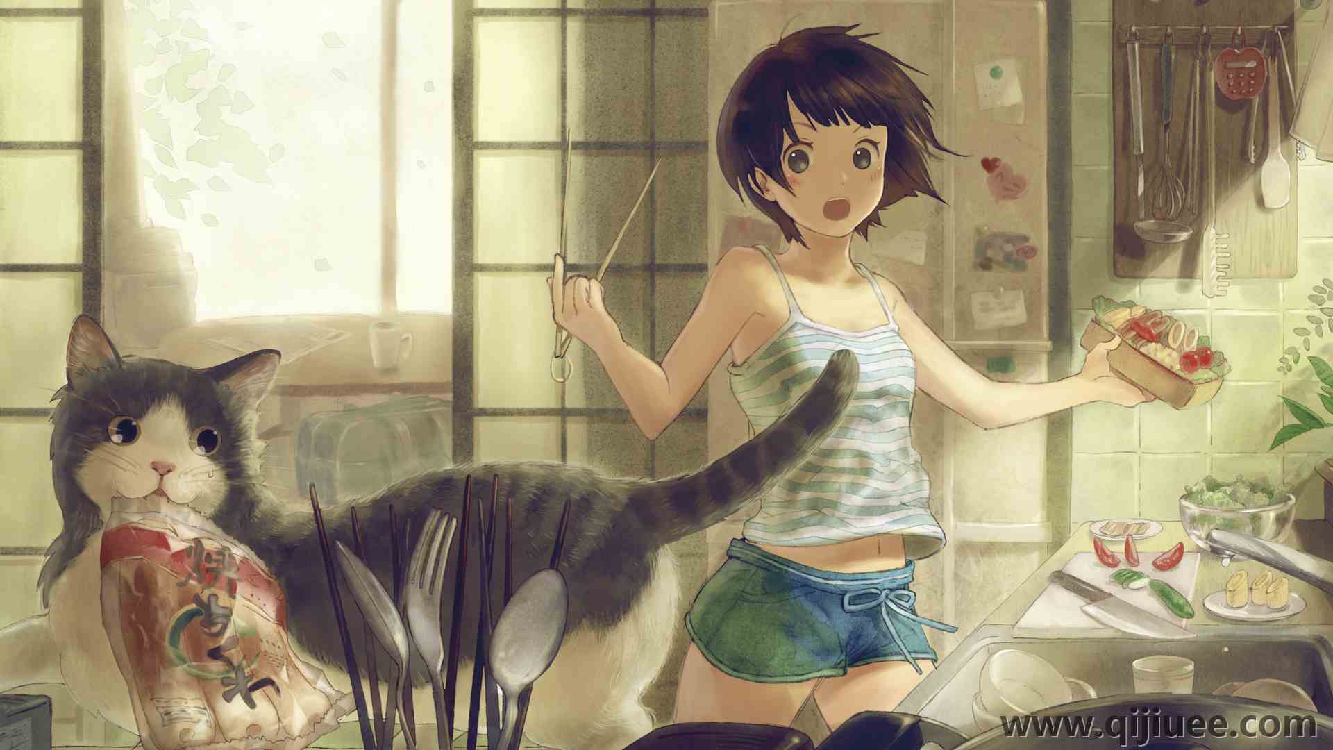 原创 人物 卡拉苏巴 动漫 女孩  猫 厨房 清新 治愈 电脑壁纸 4K壁纸3842 x 2415/3.15 MB-柒染云阁