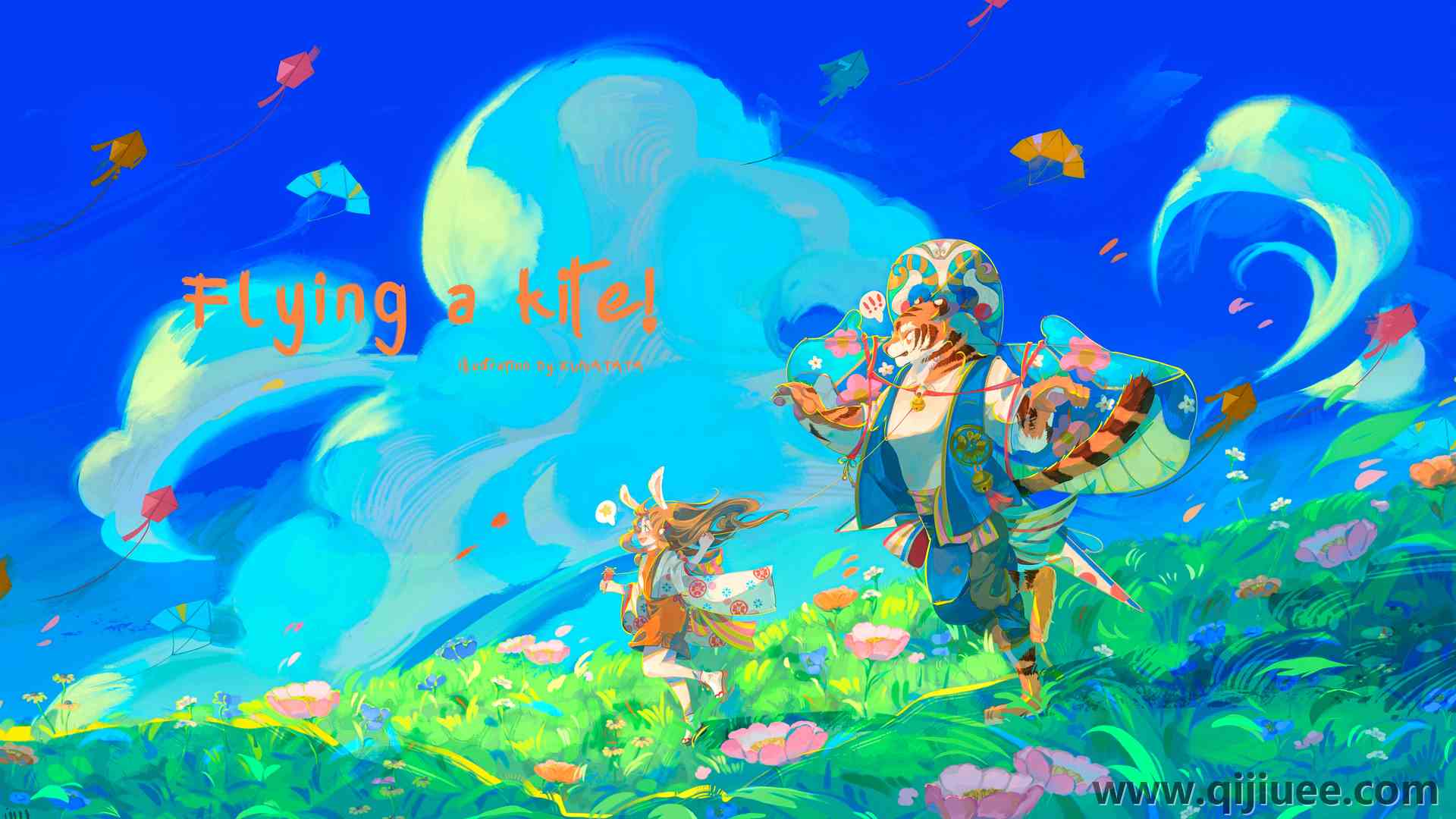 原创 人物 天空 风筝 云 动漫 五颜六色 动漫 女孩 蓝色  电脑壁纸 4K壁纸5970 x 3199/7.27 MB-柒染云阁