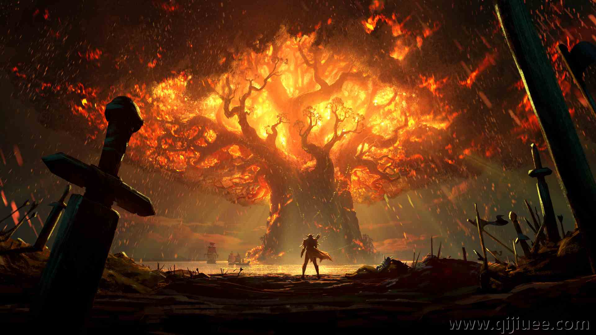 游戏CG 魔兽 联盟 火 剑 树 魔兽世界 部落 电脑壁纸 8K壁纸10000 x 4526/11.8 MB-柒染云阁