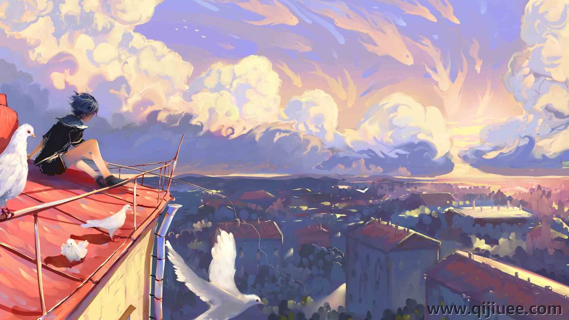蓝色 头发 插图 日落 AI艺术 屋顶 云 鸟  电脑壁纸 4K壁纸4500 x 2531/1.13 MB-柒染云阁