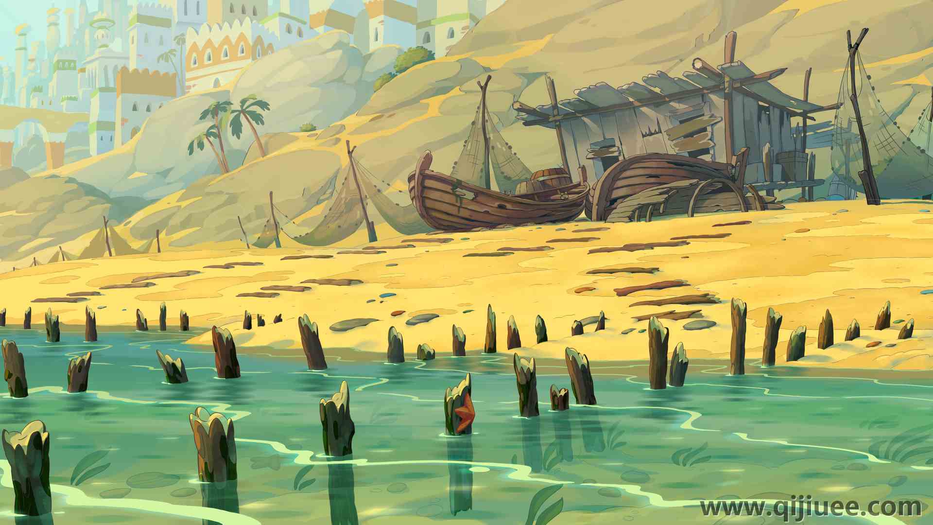 风景 AI艺术 幻觉 海岸 船 沙 水 幻城  电脑壁纸 4K壁纸5689 x 3075/5.82 MB-柒染云阁
