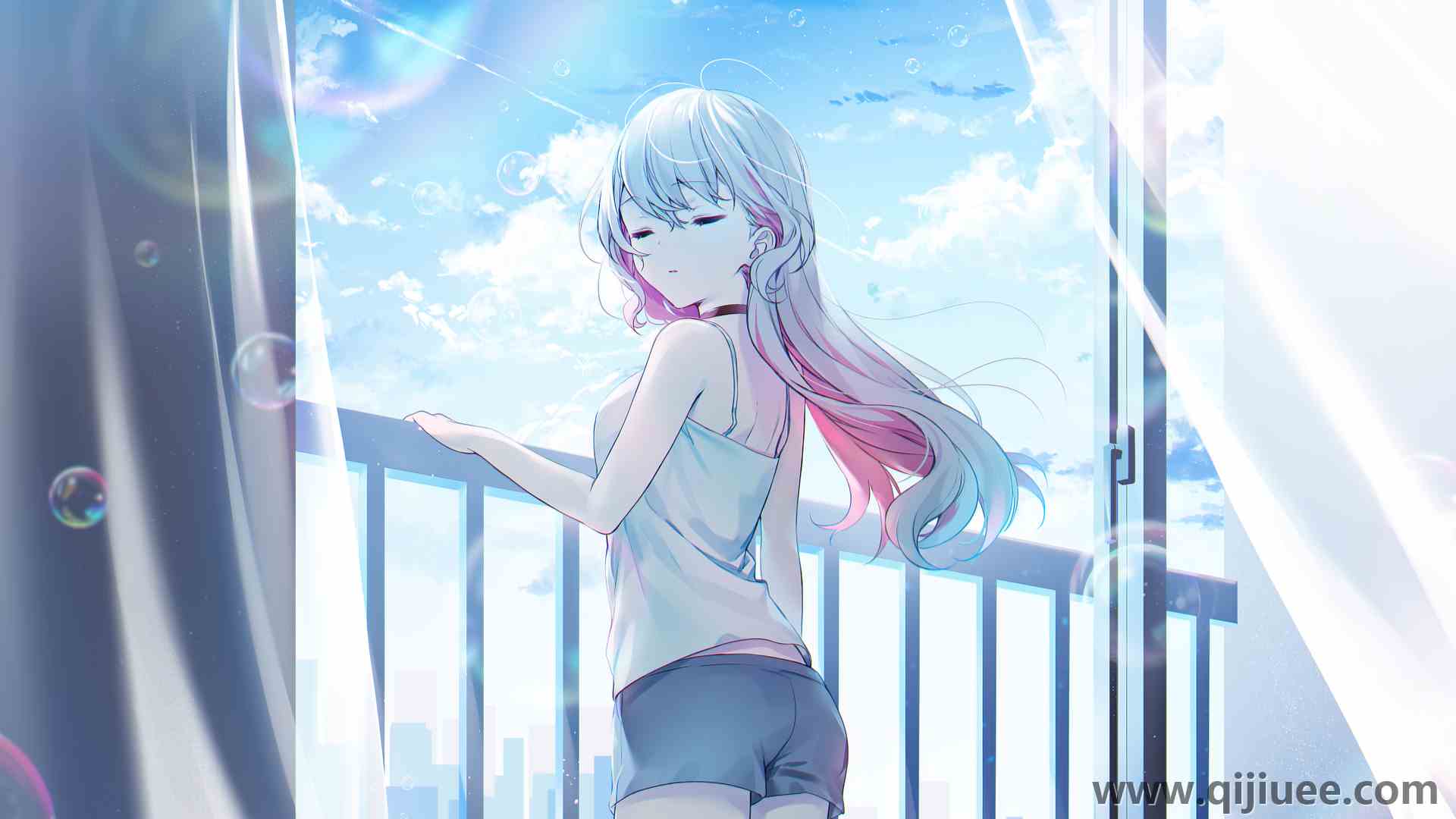 长发 白发 闭眼 动漫 女 天空 云彩 背心 短裤  电脑壁纸 4K壁纸5120 x 3265/3.7 MB-柒染云阁