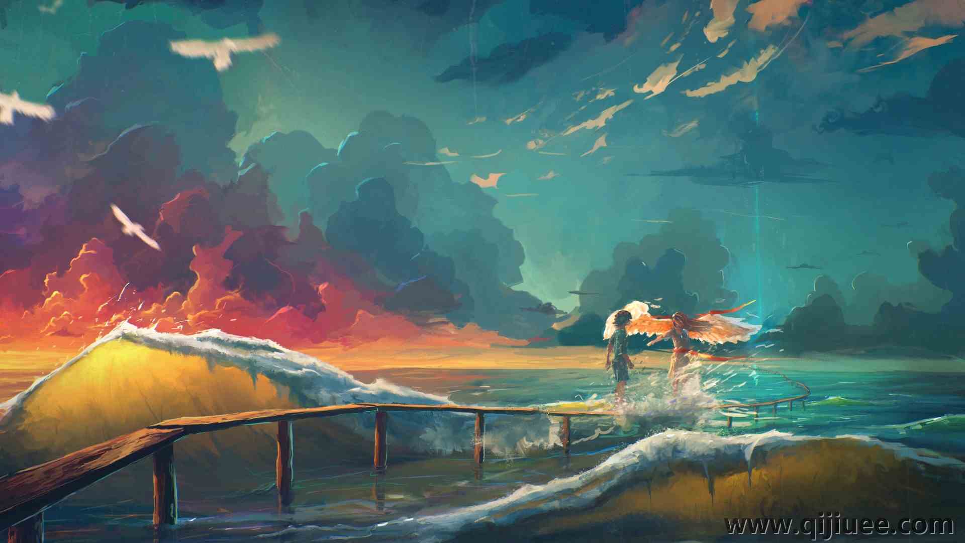 人物 绘画 天使 奇幻艺术 天空 海洋 鸟类 动物  电脑壁纸 4K壁纸3840 x 2160/1.14 MB-柒染云阁