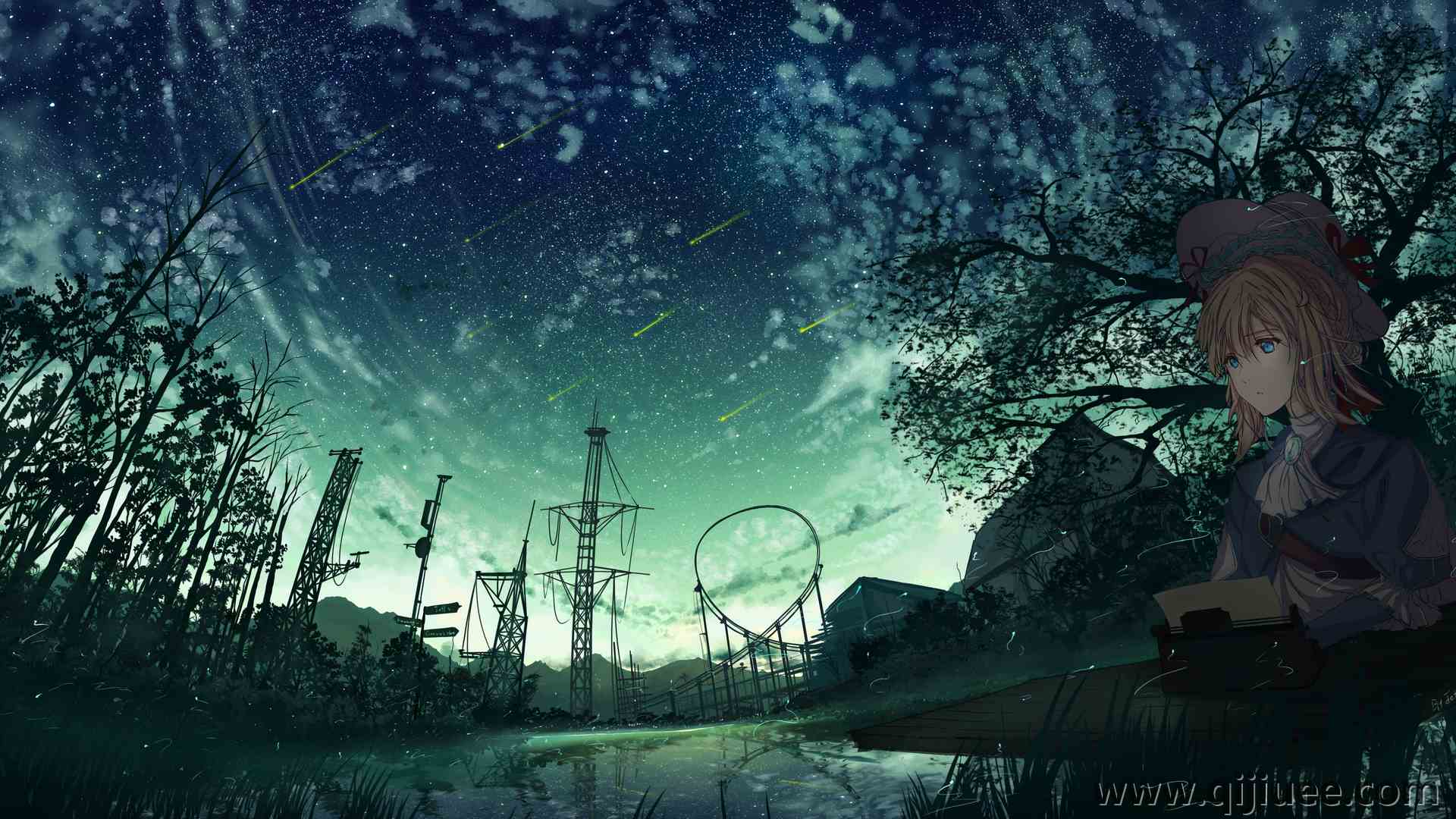紫罗兰 动漫 风景 夜景 动漫 女孩 夜空  电脑壁纸 4K壁纸4488 x 2393/15.29 MB-柒染云阁