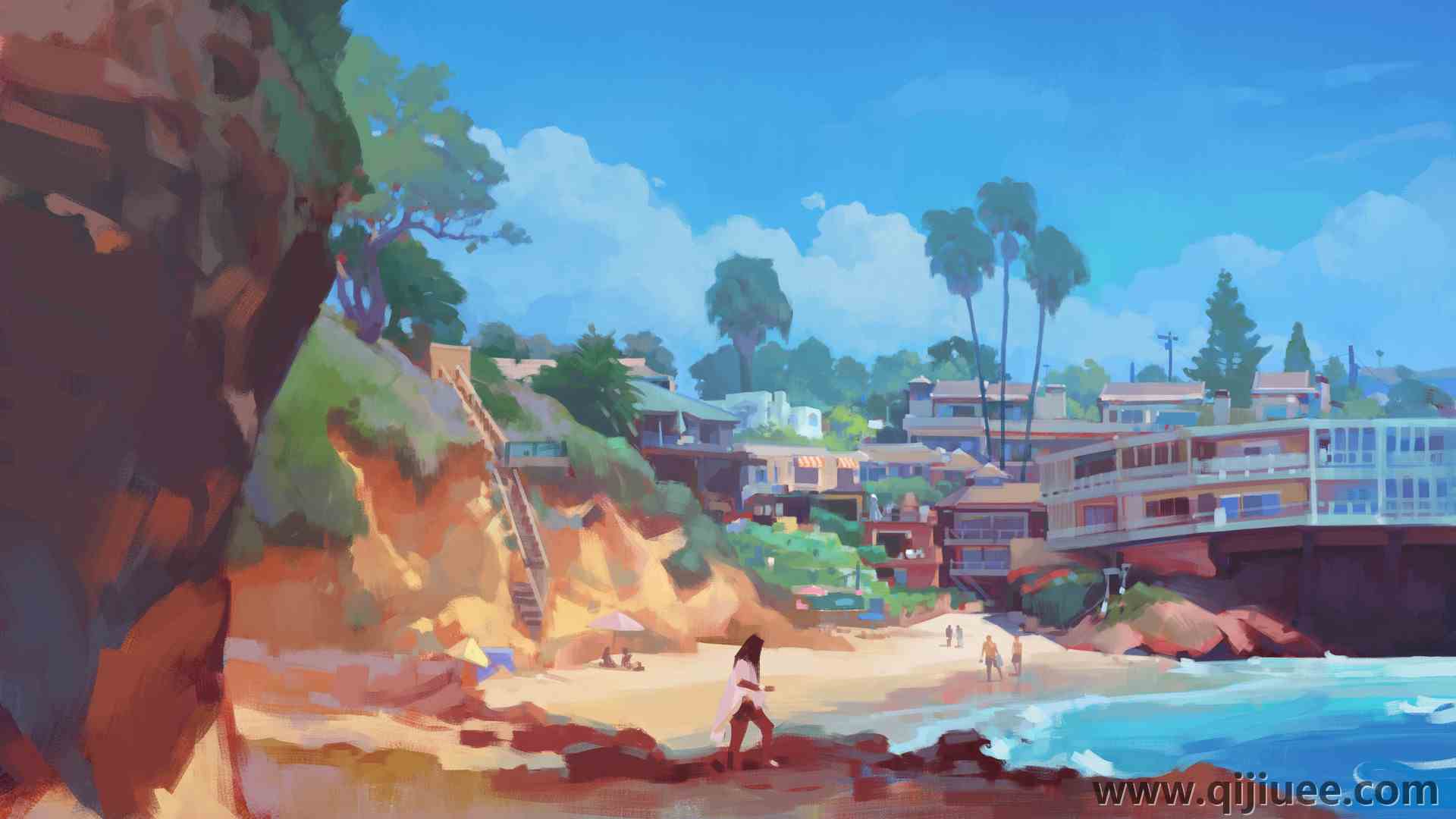 女孩 风景 海岸 艺术 绘画 概念设计  电脑壁纸 4K壁纸3840 x 2515/1.71 MB-柒染云阁