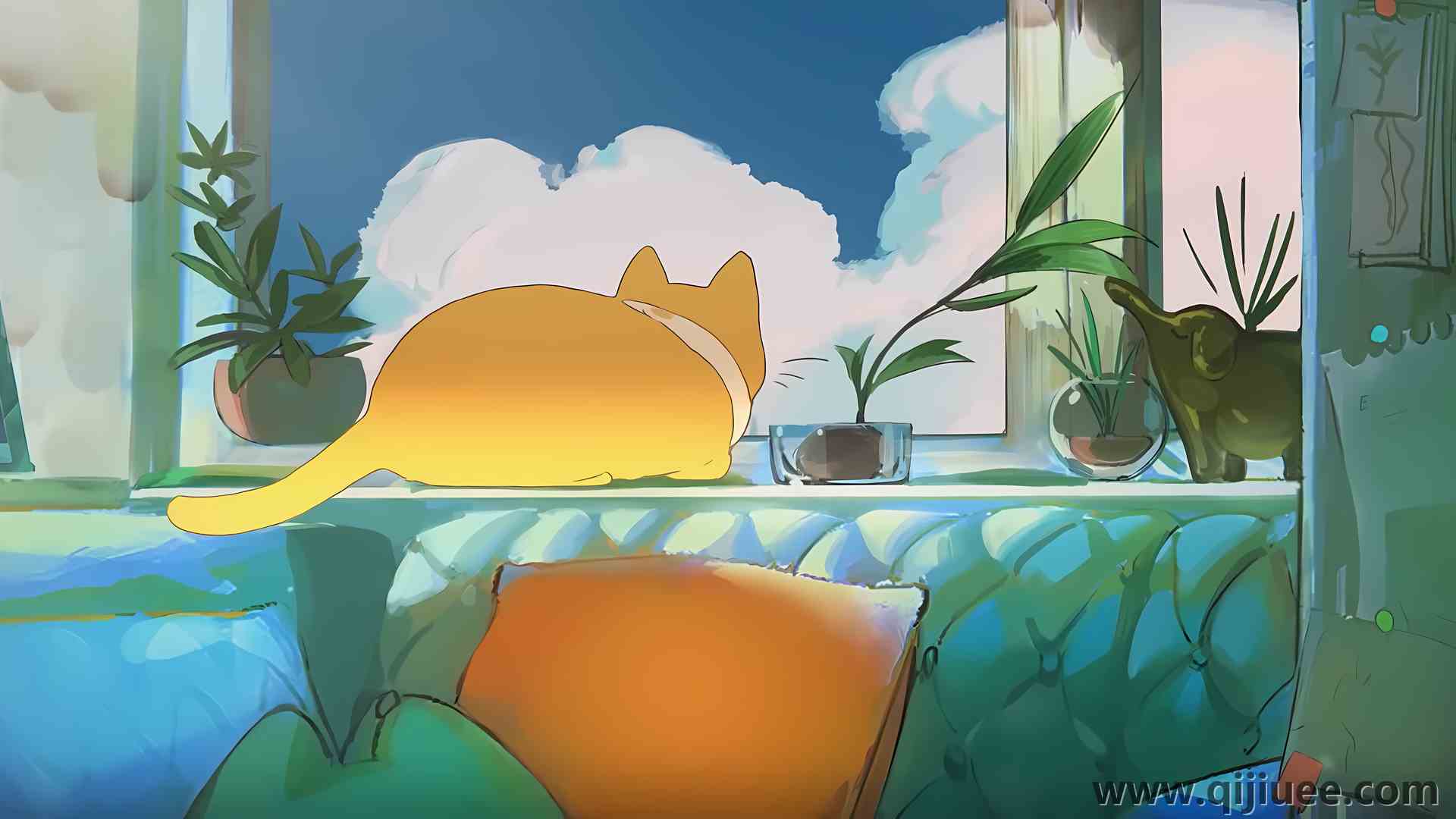 云 植物 盆 猫 植物 沙发 动物 8K壁纸7680 x 3256/18.21 MB-柒染云阁