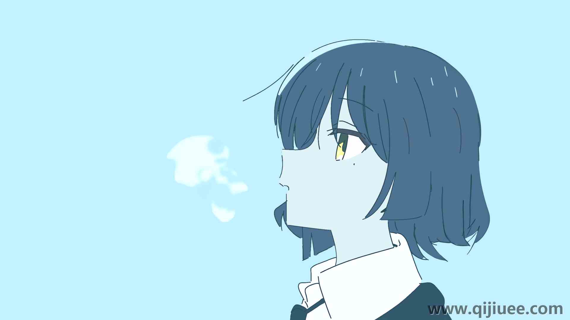 蓝色头发 短发 动漫 蓝色背景 简单背景 极简主义 黄眼睛 动漫女孩  电脑壁纸 8K壁纸7680 x 4320/3.88 MB-柒染云阁