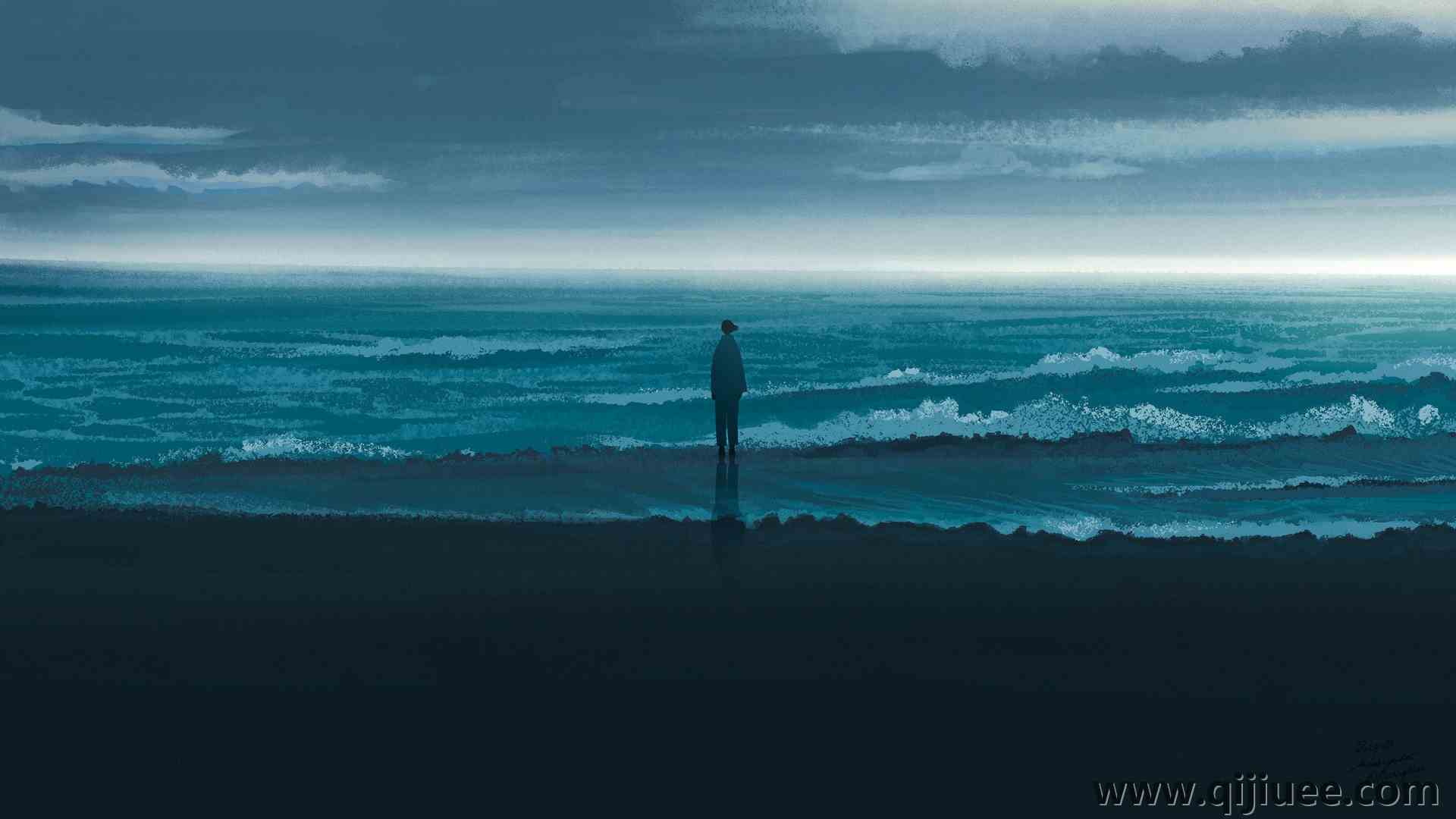 站立 头发 艺术品 数字艺术 数字绘画 动漫 海滩 阴影 波浪 云 孤独   电脑壁纸 4K壁纸4200 x 2363/6.68 MB-柒染云阁