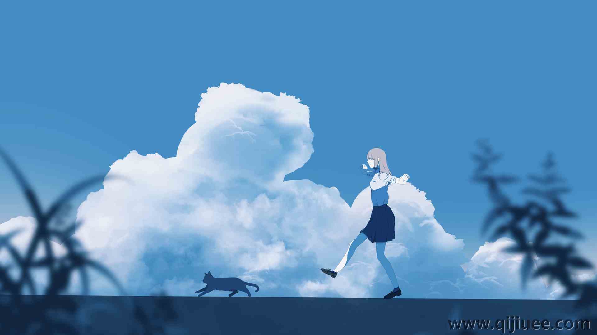 人物 动漫 动漫女孩 猫 蓝色 护眼 治愈 电脑壁纸 4K壁纸4096 x 2304/1.85 MB-柒染云阁