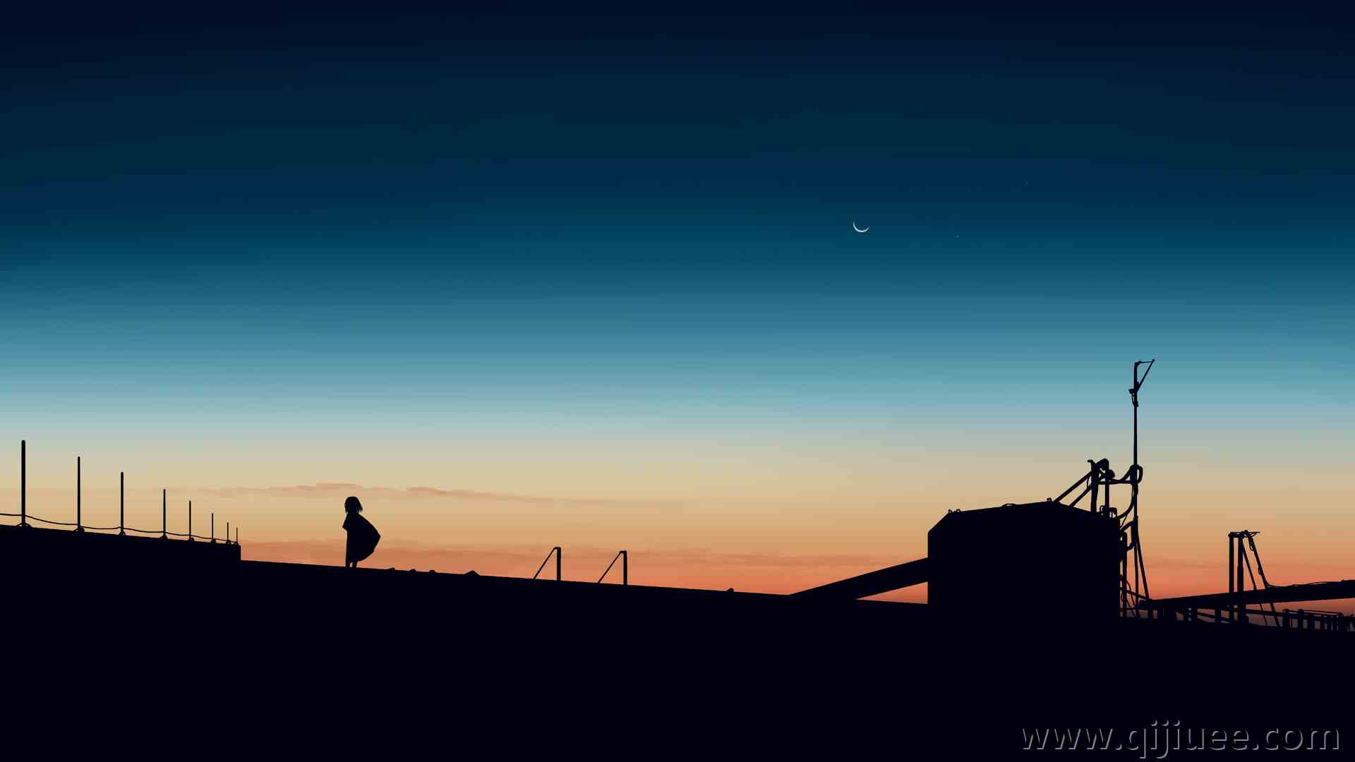 优雅 动漫女孩 日落 月亮 夕阳辉光 天空 新月  电脑壁纸 4K壁纸5640 x 2400/1.38 MB-柒染云阁