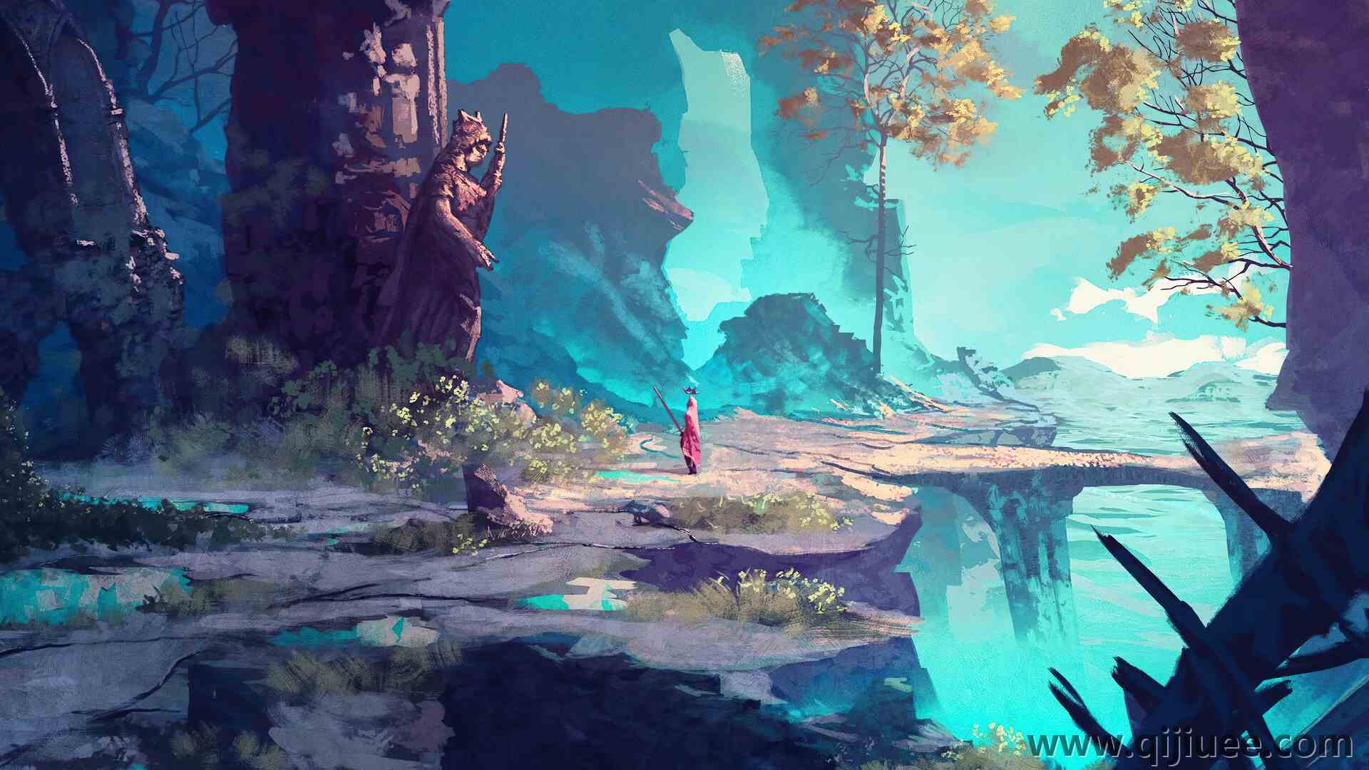 AI艺术 绘画 雕像 树木 路径 青色  电脑壁纸 4K壁纸3840 x 2160/14.92 MB-柒染云阁