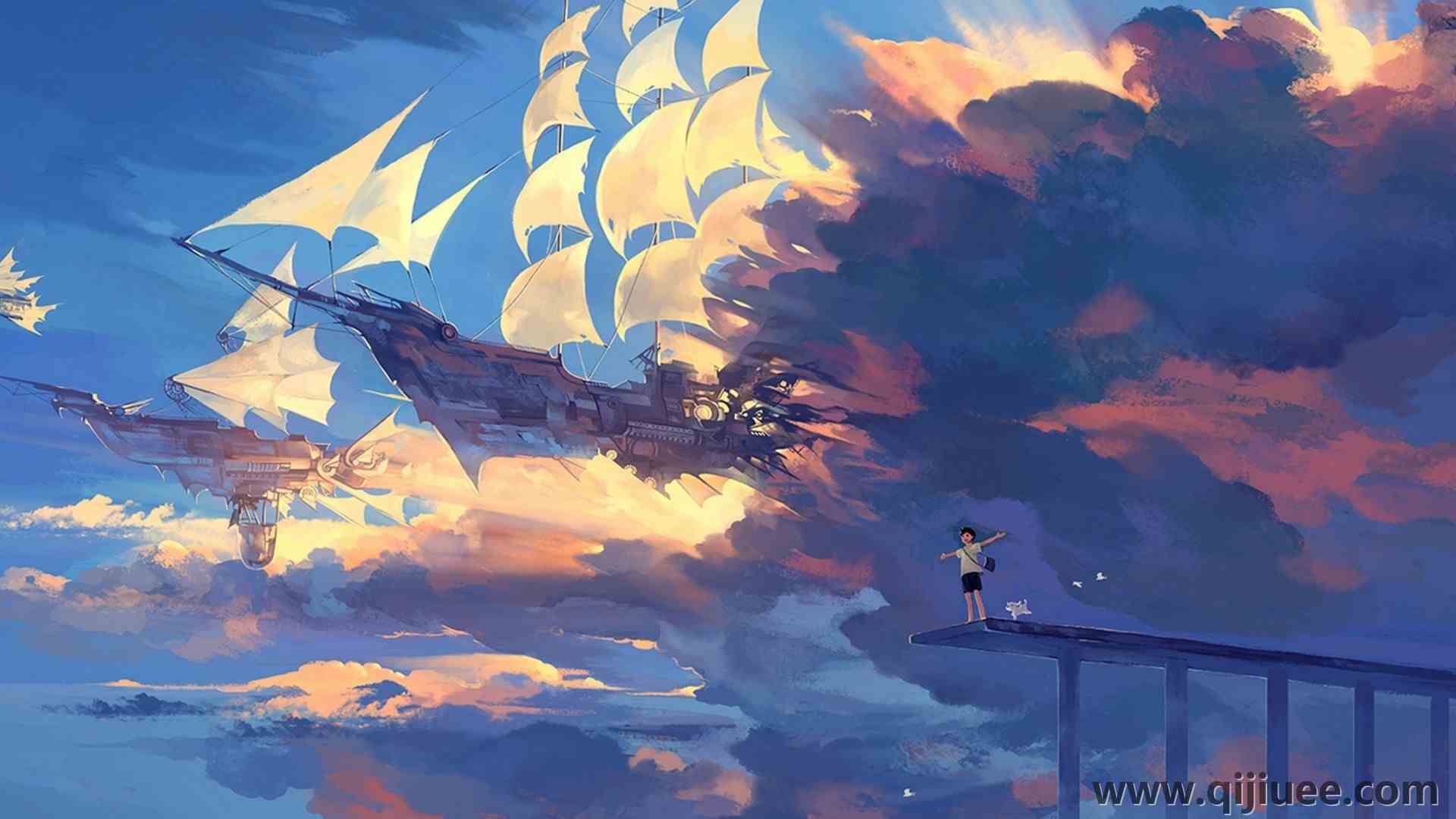 动漫 船 云 天空 飞艇 奇幻艺术 车辆 蓝色 治愈 电脑壁纸 4K壁纸3840 x 2400/0.99 MB-柒染云阁