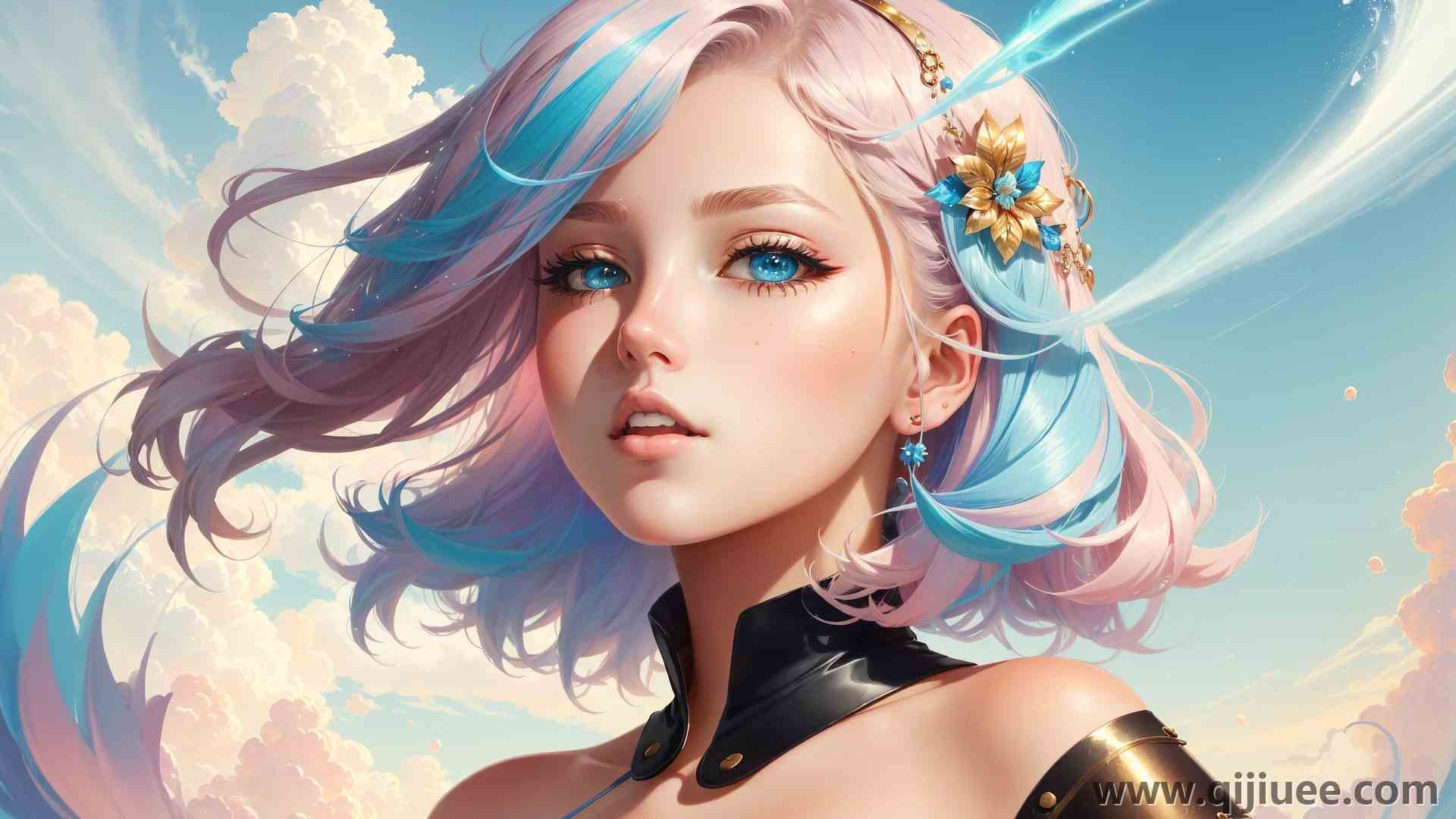女人 蓝眼睛 人工智能艺术 五颜六色 肖像  头发 耳环 云 天空  电脑壁纸 4K壁纸3840 x 2560/1.31 MB-柒染云阁