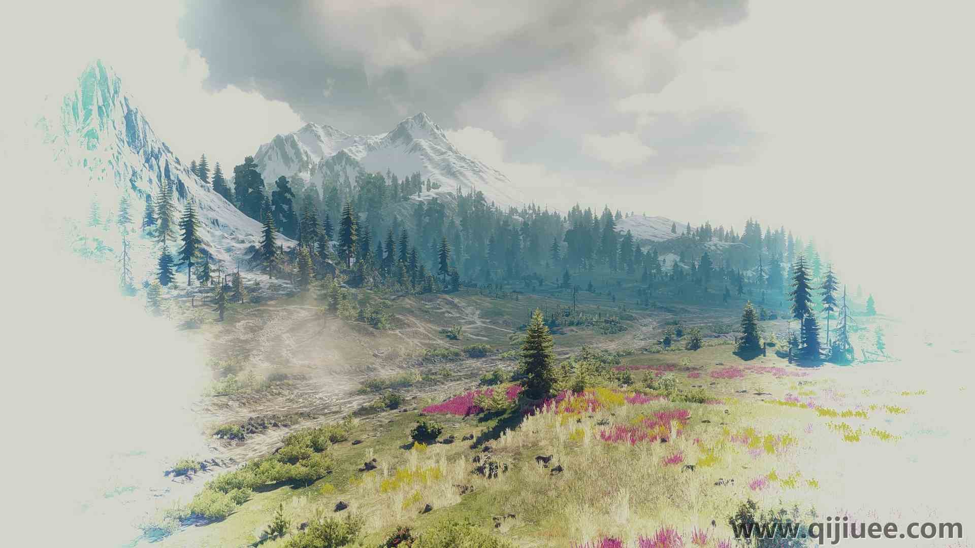 巫师 野性狩猎 绘画 山 树 雪 云 草 游戏CG  4K壁纸3840 x 2160/3.54 MB-柒染云阁