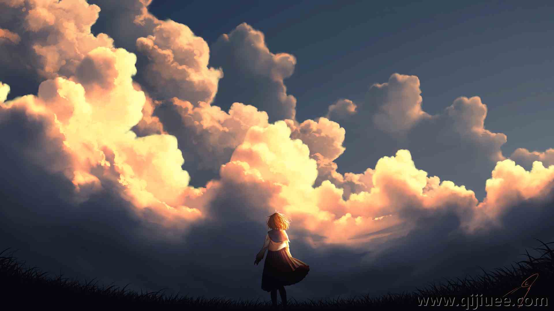 女性 AI艺术 插图 云 风景 校服 天空 日落 夕阳辉光  4K壁纸3860 x 2263/4.68 MB-柒染云阁