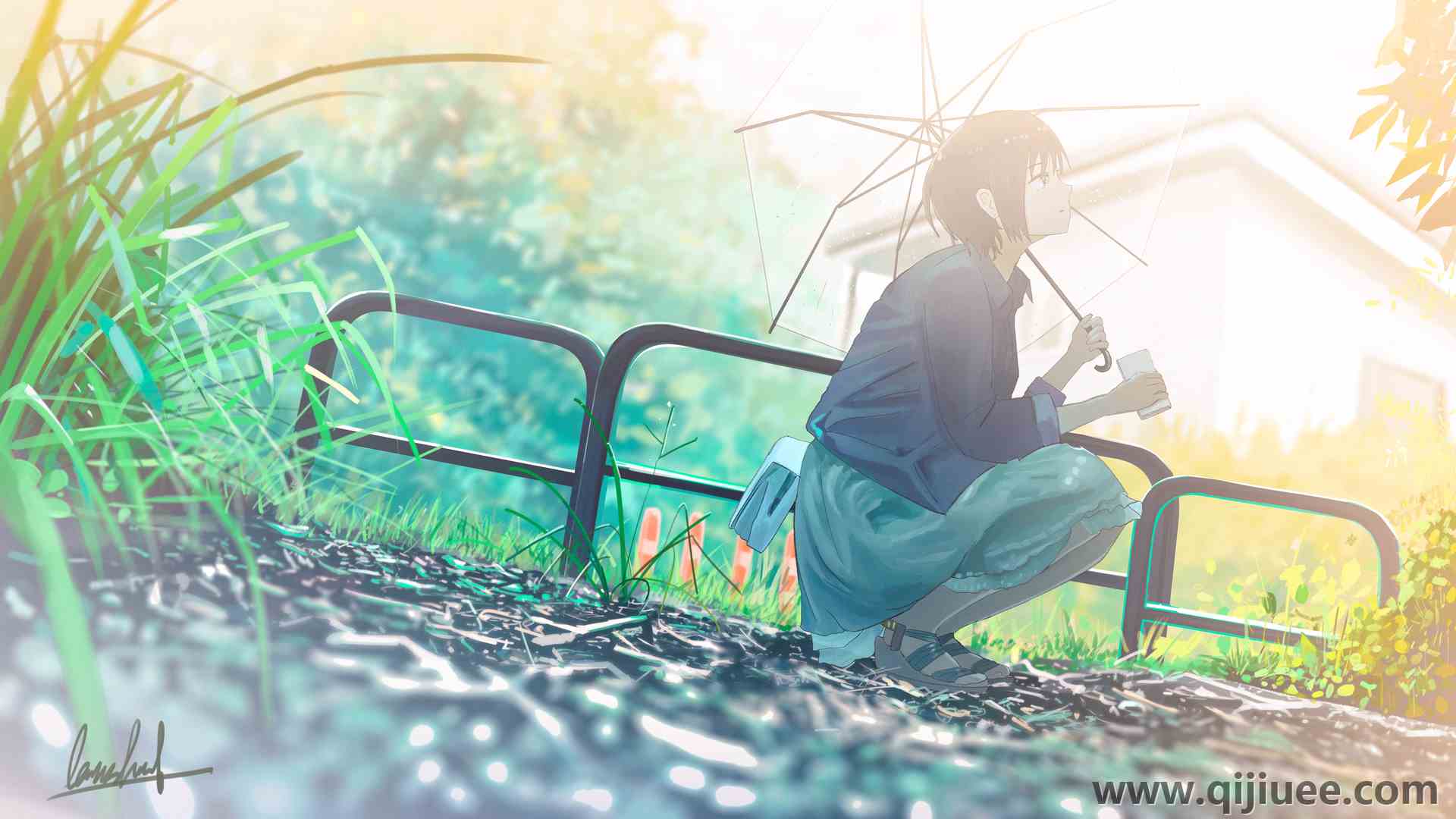 短发 蹲下 动漫 动漫女孩 AI艺术 伞  4K壁纸3840 x 2160/14.06 MB-柒染云阁