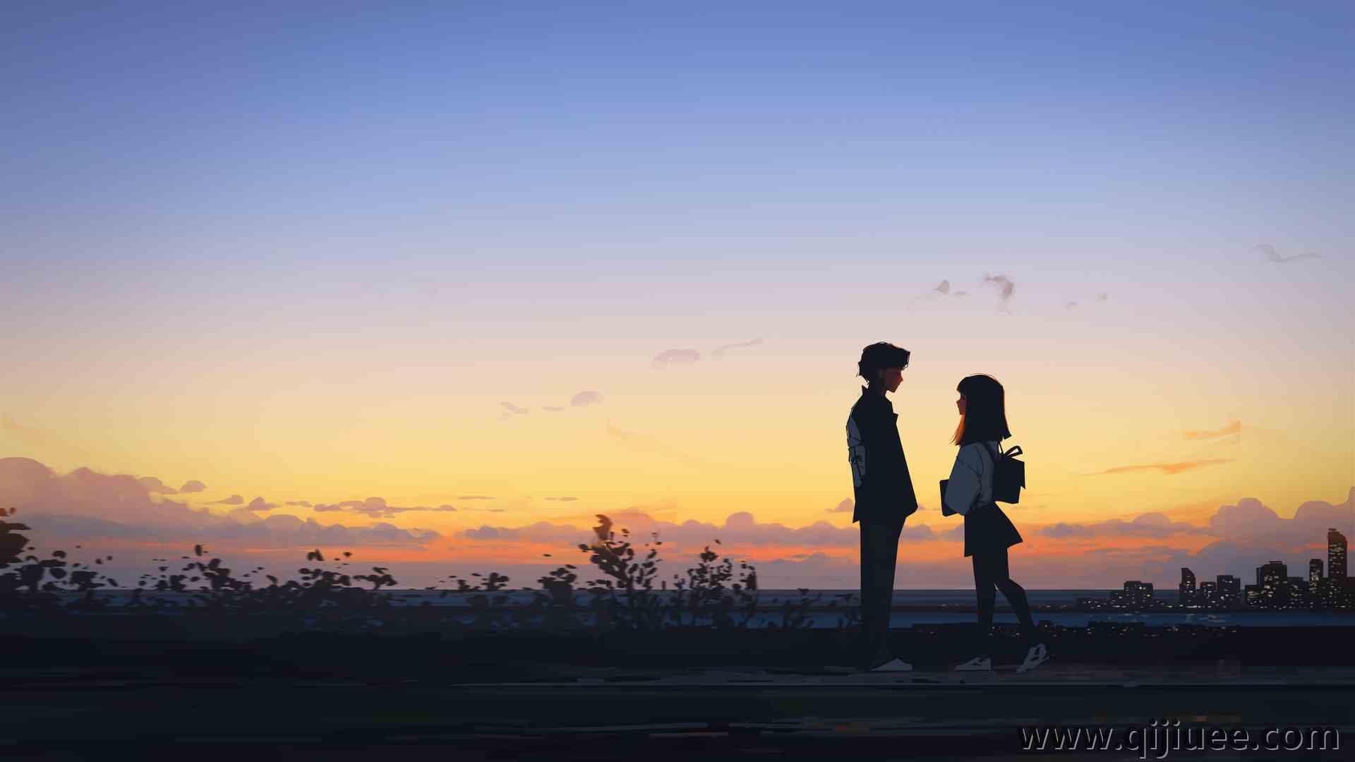 女人 情侣 站立 AI艺术 插图 男人 风景 云 城市 日落 夕阳辉光  4K壁纸3840 x 2160/4.07 MB-柒染云阁