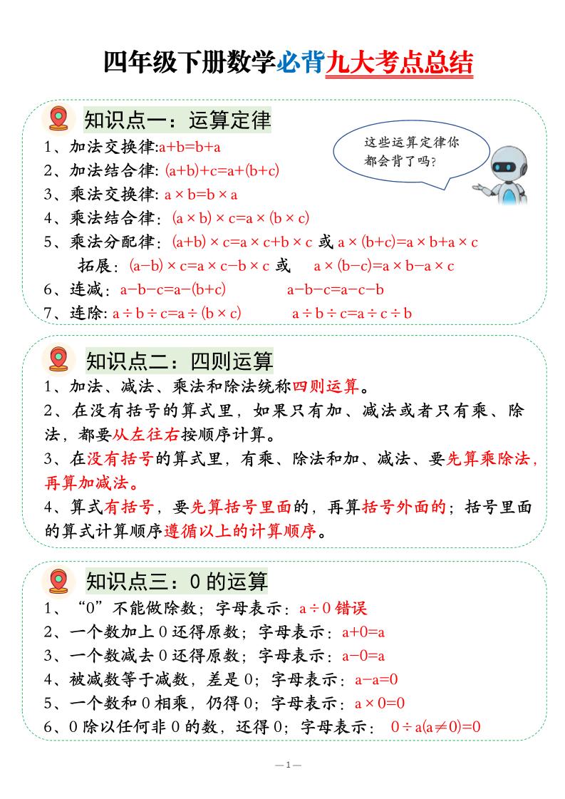 四年级下数学必背九大考点总结-柒染云阁