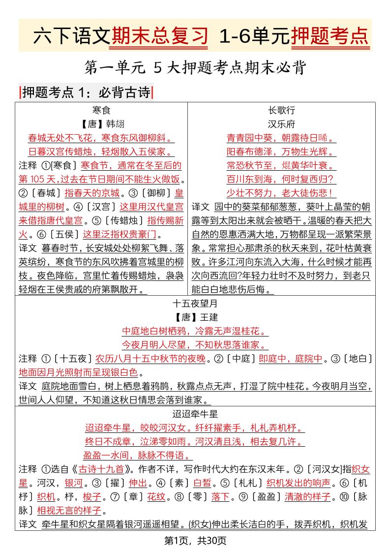 六年级下语文期末总复习1-6单元押题考点-柒染云阁
