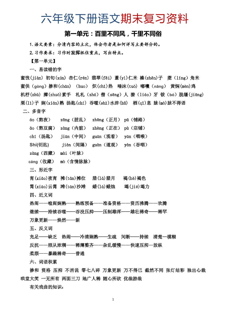 六年级下语文期末复习资料-柒染云阁