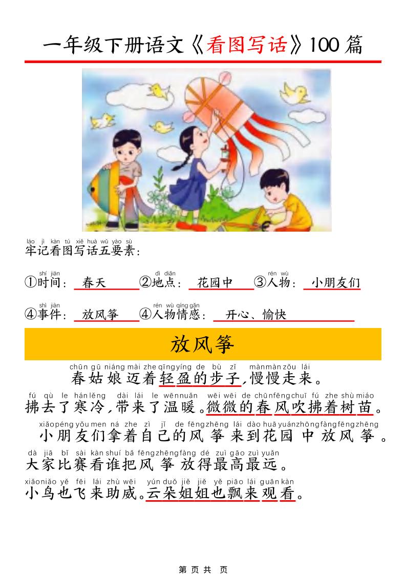 一年级下语文看图写话五要素训练-柒染云阁
