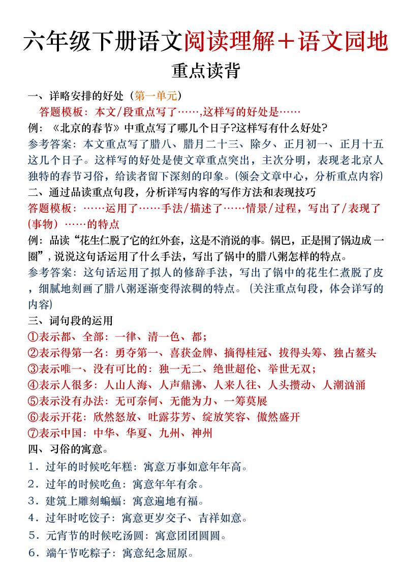六年级下语文阅读理解＋语文园地专题-柒染云阁