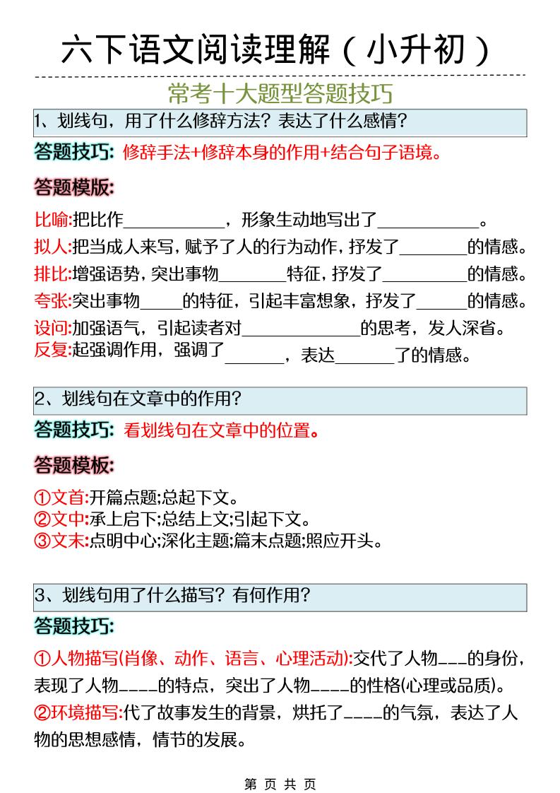六年级下语文阅读理解答题技巧（小升初）-柒染云阁