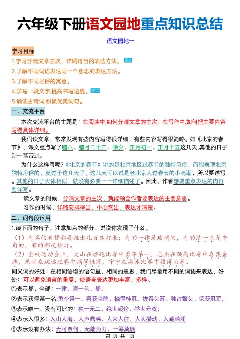 六年级下语文园地重点知识总结-柒染云阁