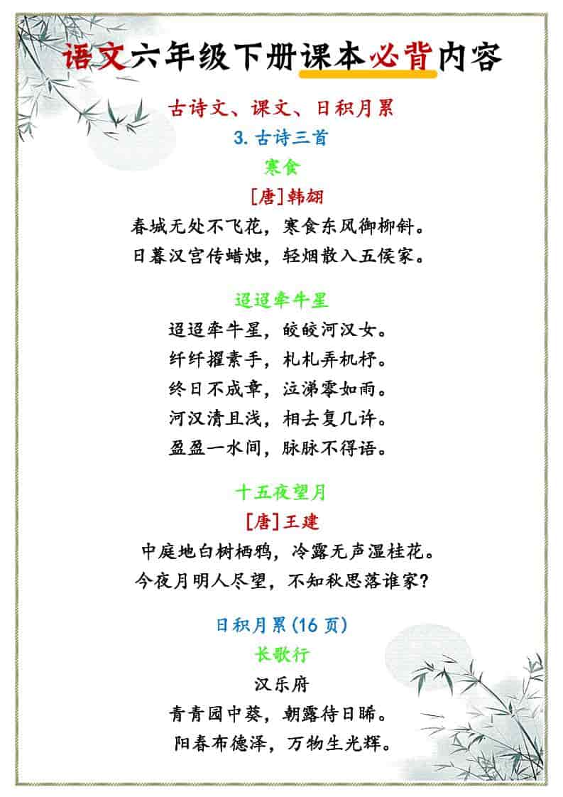 六年级下语文课本必背内容-柒染云阁