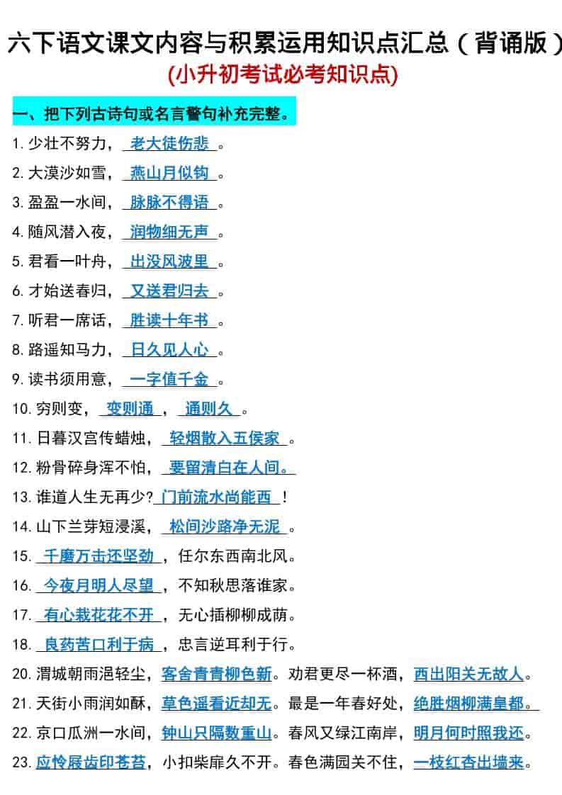 六年级下语文小升初期末必考知识点-柒染云阁