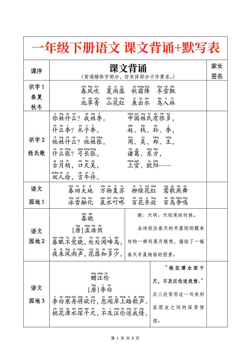 一下语文课文背诵+默写表-柒染云阁