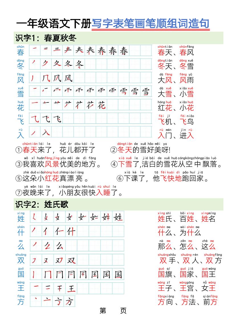 一年级下语文写字表笔画笔顺组词造句-柒染云阁