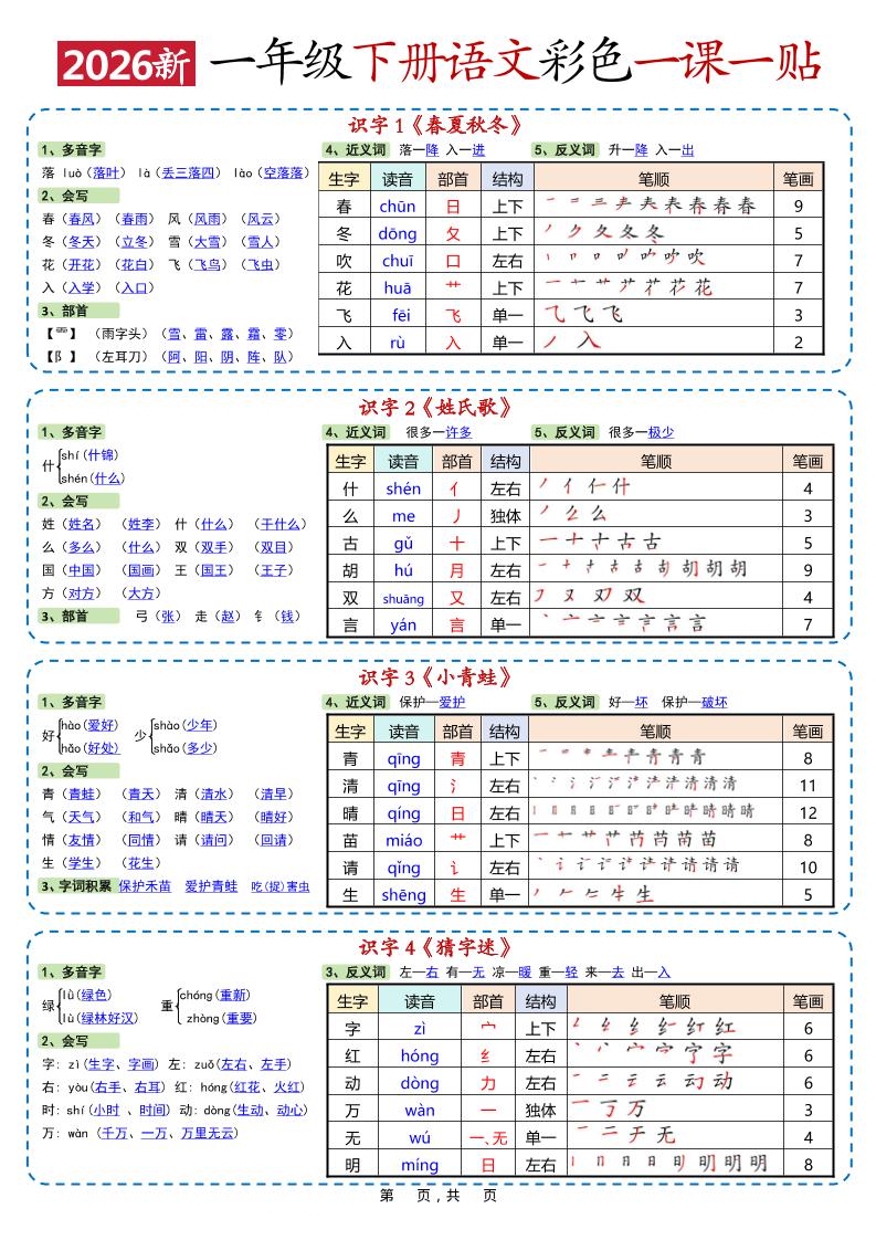 新一年级下语文彩色一课一贴-柒染云阁