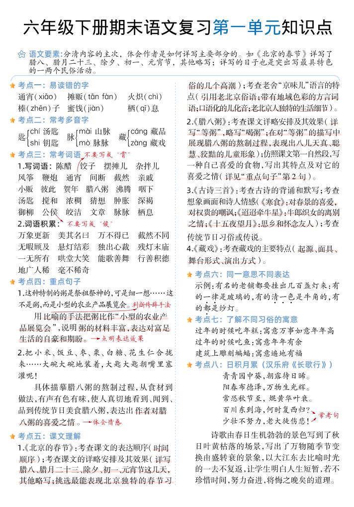 六下丨语文1-6单元单元知识点-柒染云阁