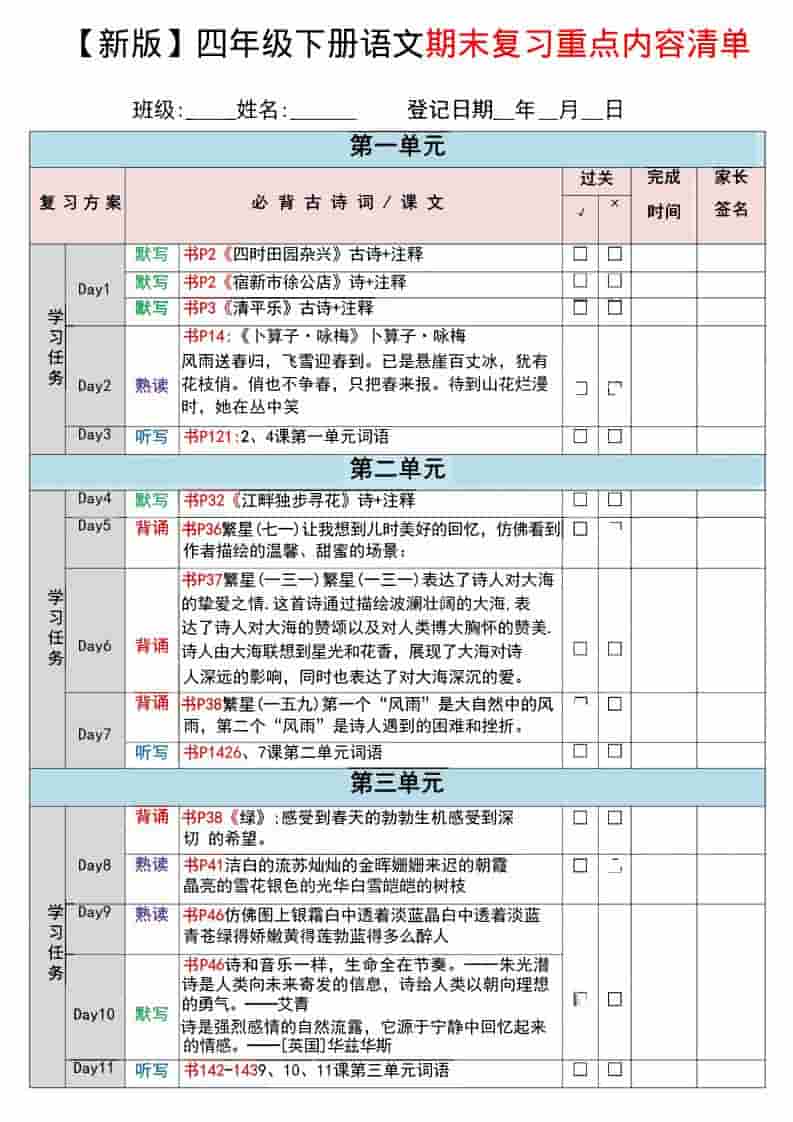 四年级下语文期末复习重点知识清单-柒染云阁