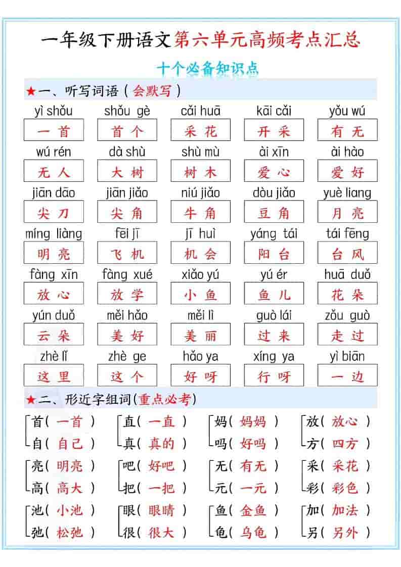 一年级下语文第六单元高频考点汇总-柒染云阁
