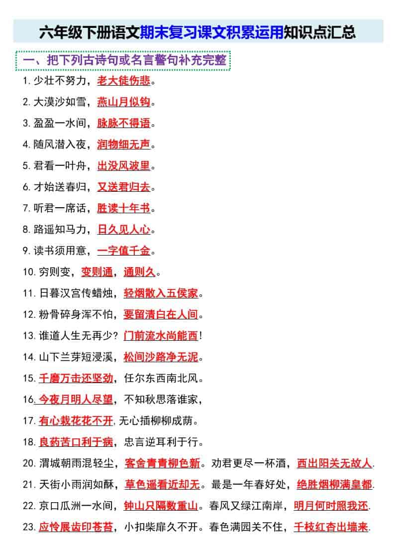 六年级下语文期末复习课文积累运用知识点汇总-柒染云阁