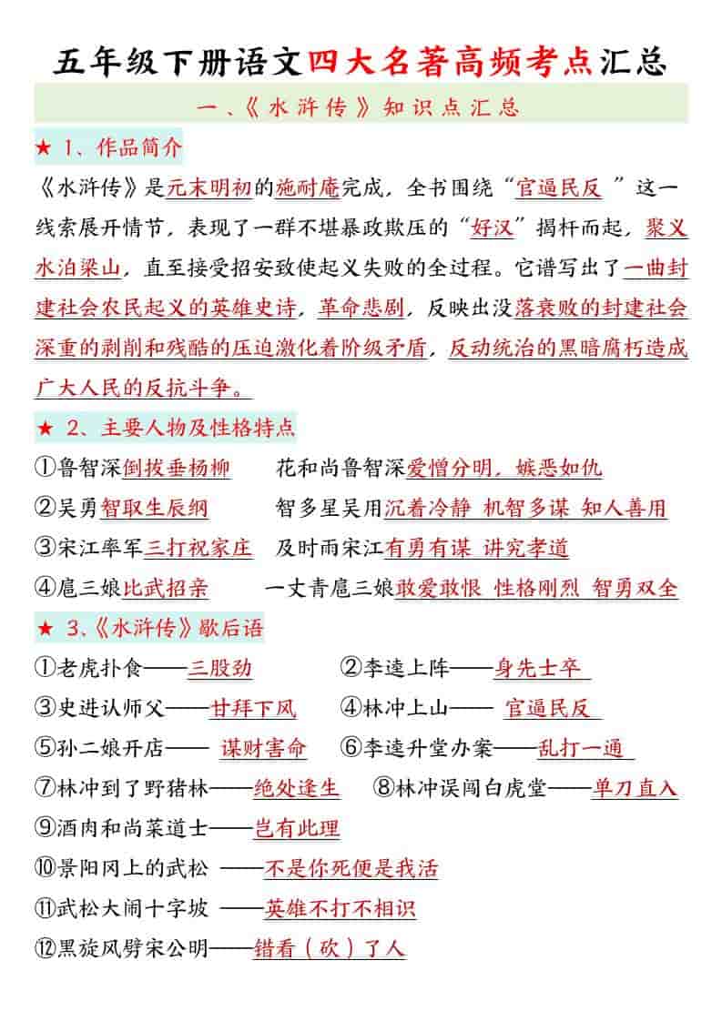五年级下语文四大名著高频考点-柒染云阁
