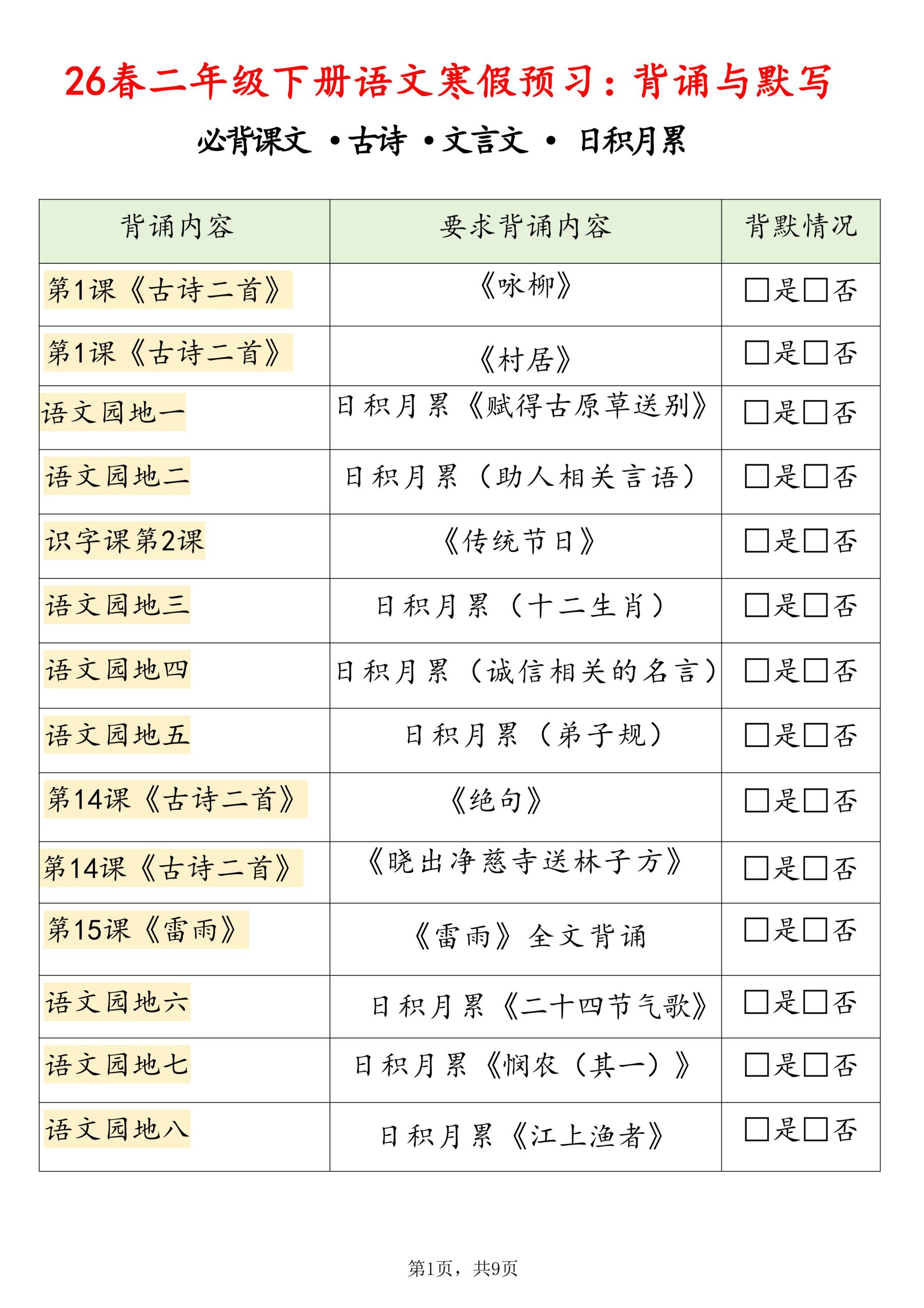 26春二下语文寒假预习背诵与默写（必背课文、古诗、文言文、日积月累）9页-柒染云阁