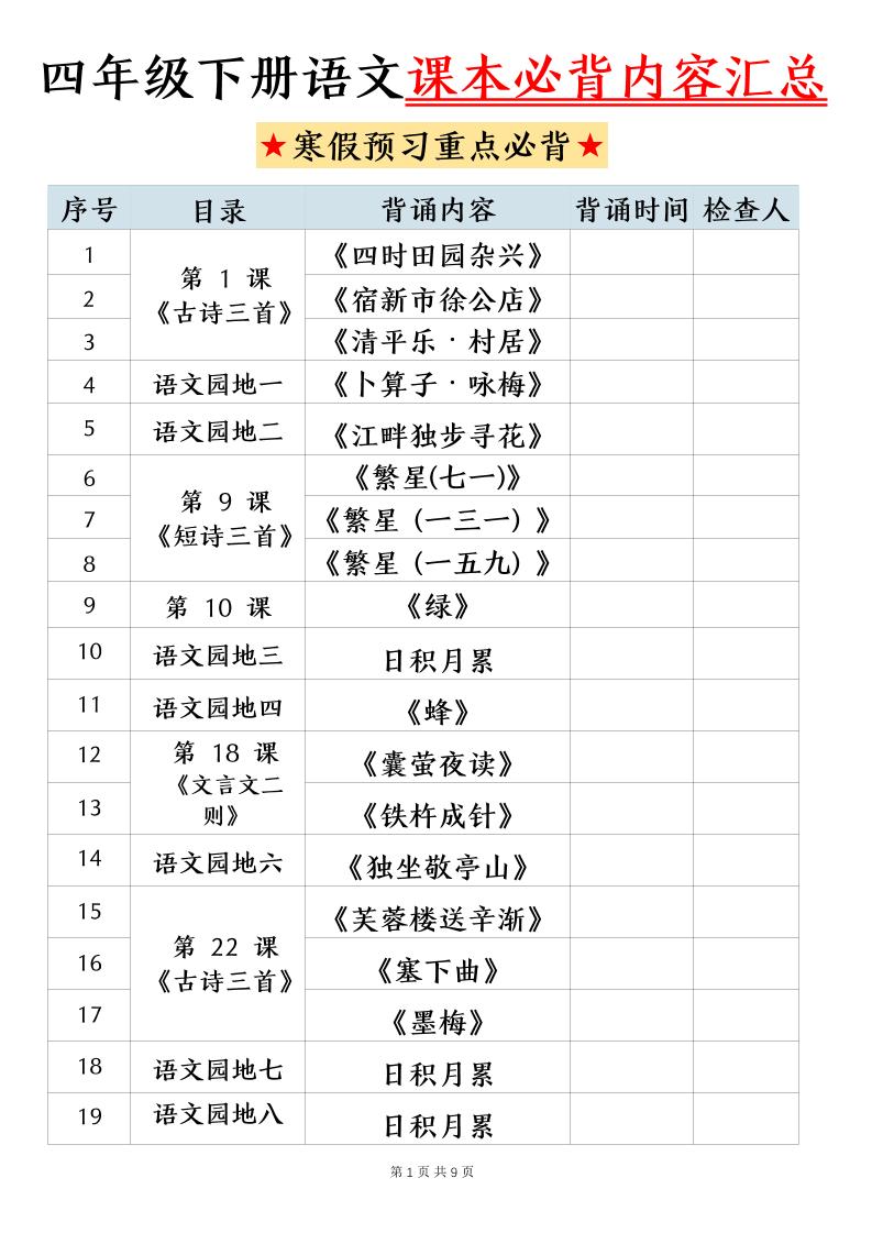 四下语文寒假预习课本必背内容汇总（9页）-柒染云阁