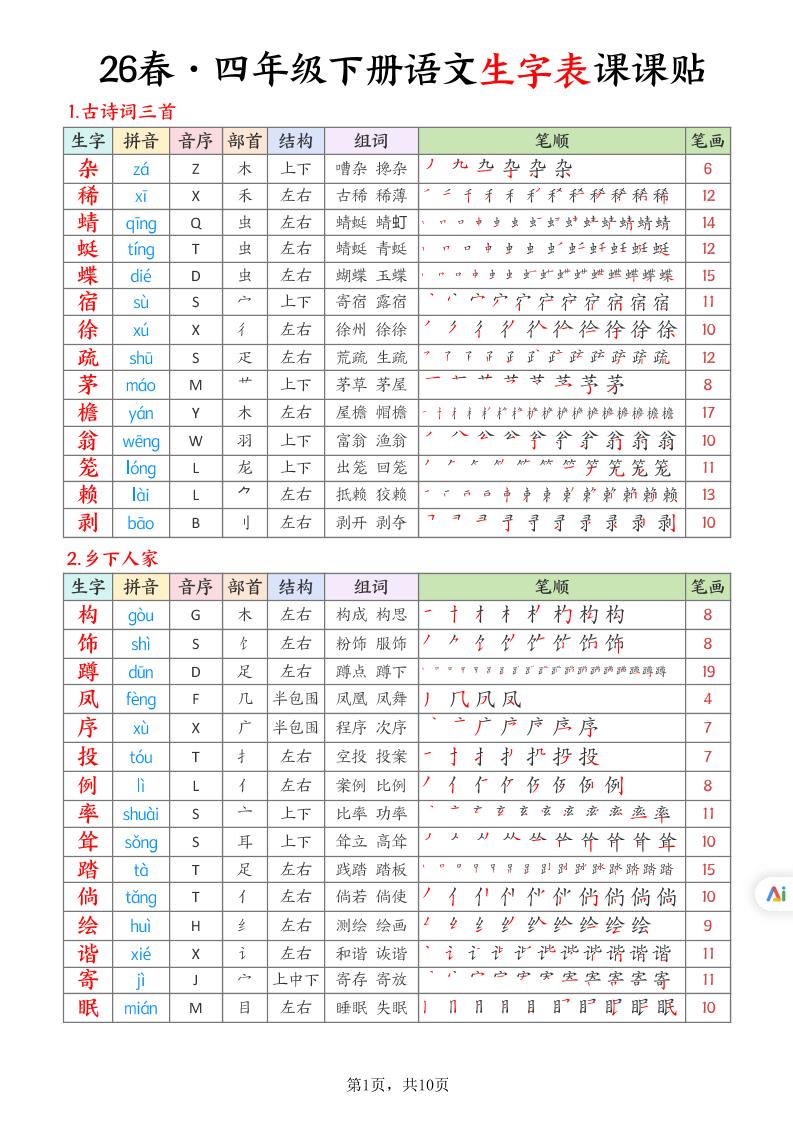 26春四下语文生字表课课贴10页-柒染云阁