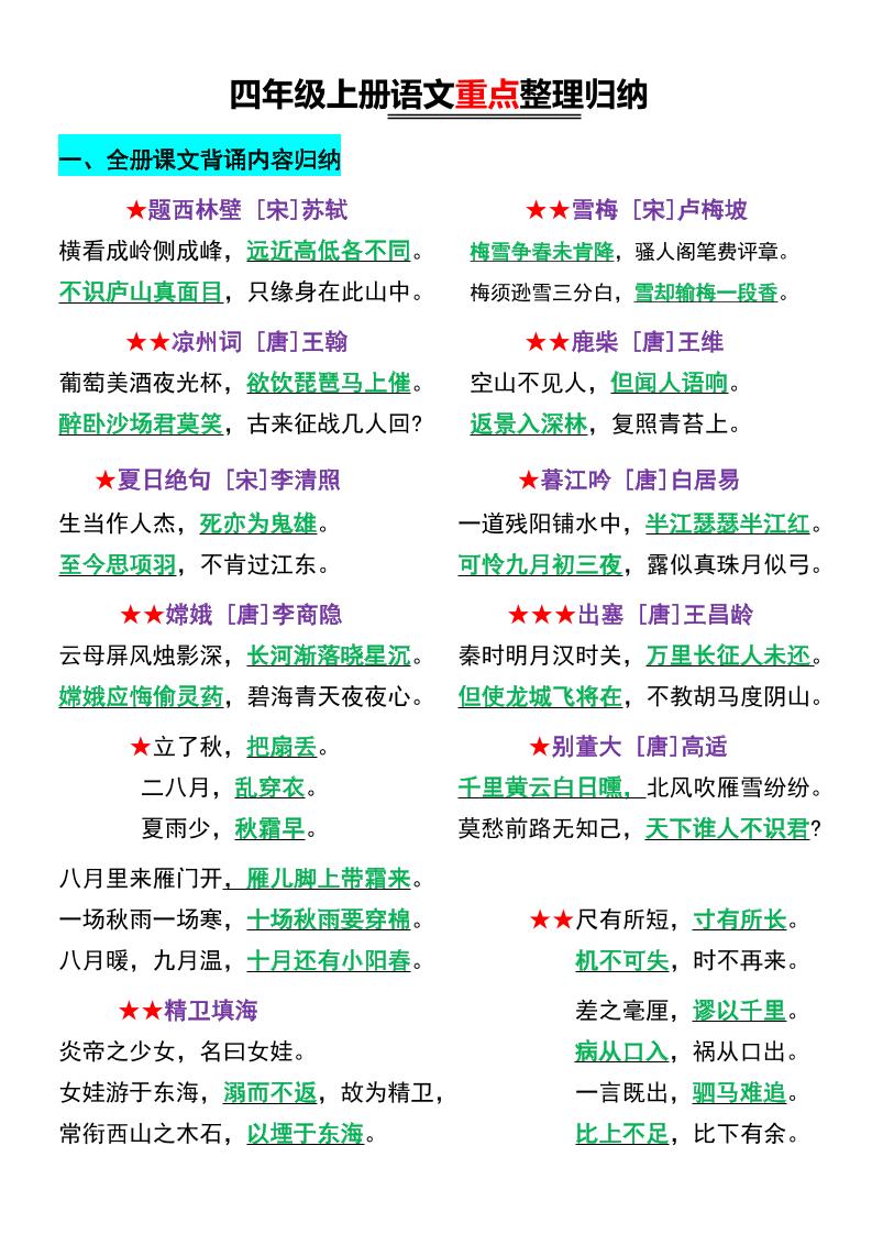 四年级上语文重点整理归纳-柒染云阁