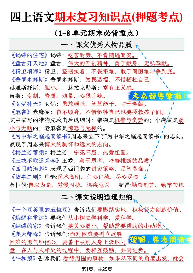 四年级上语文期末复习知识点(押题考点)-柒染云阁