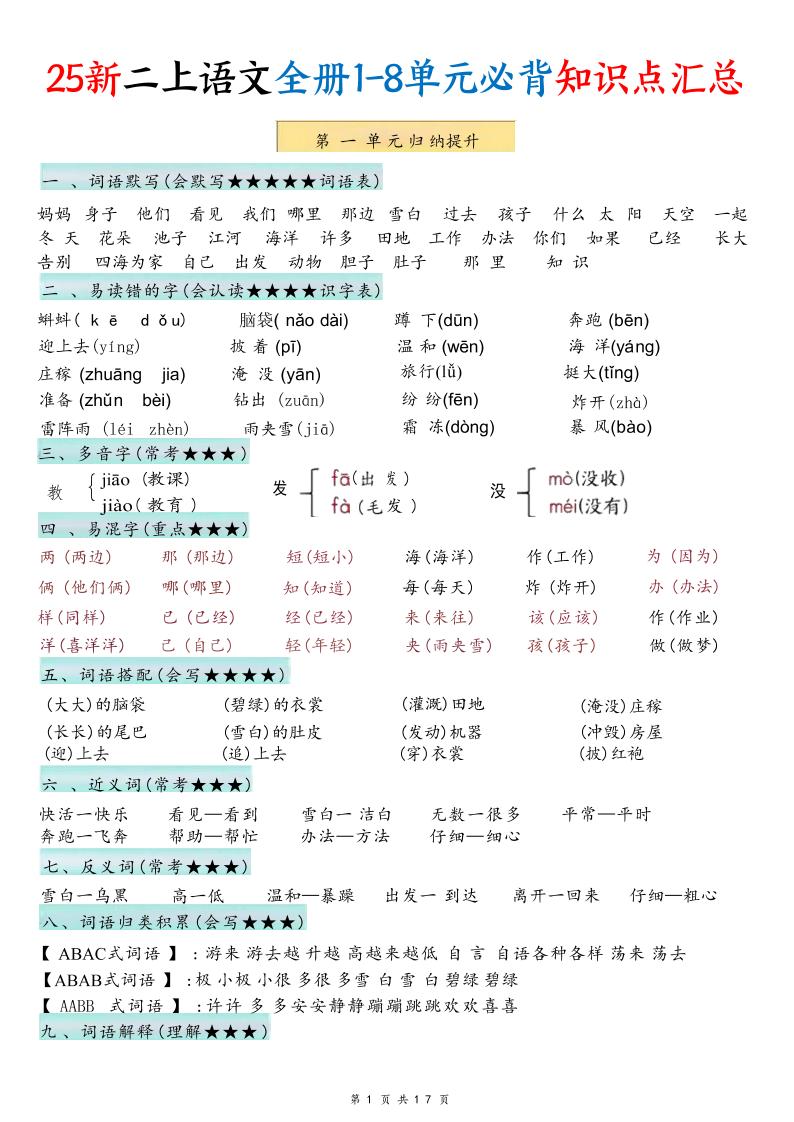 25新二年级上语文1-8单元必背知识点汇总-柒染云阁