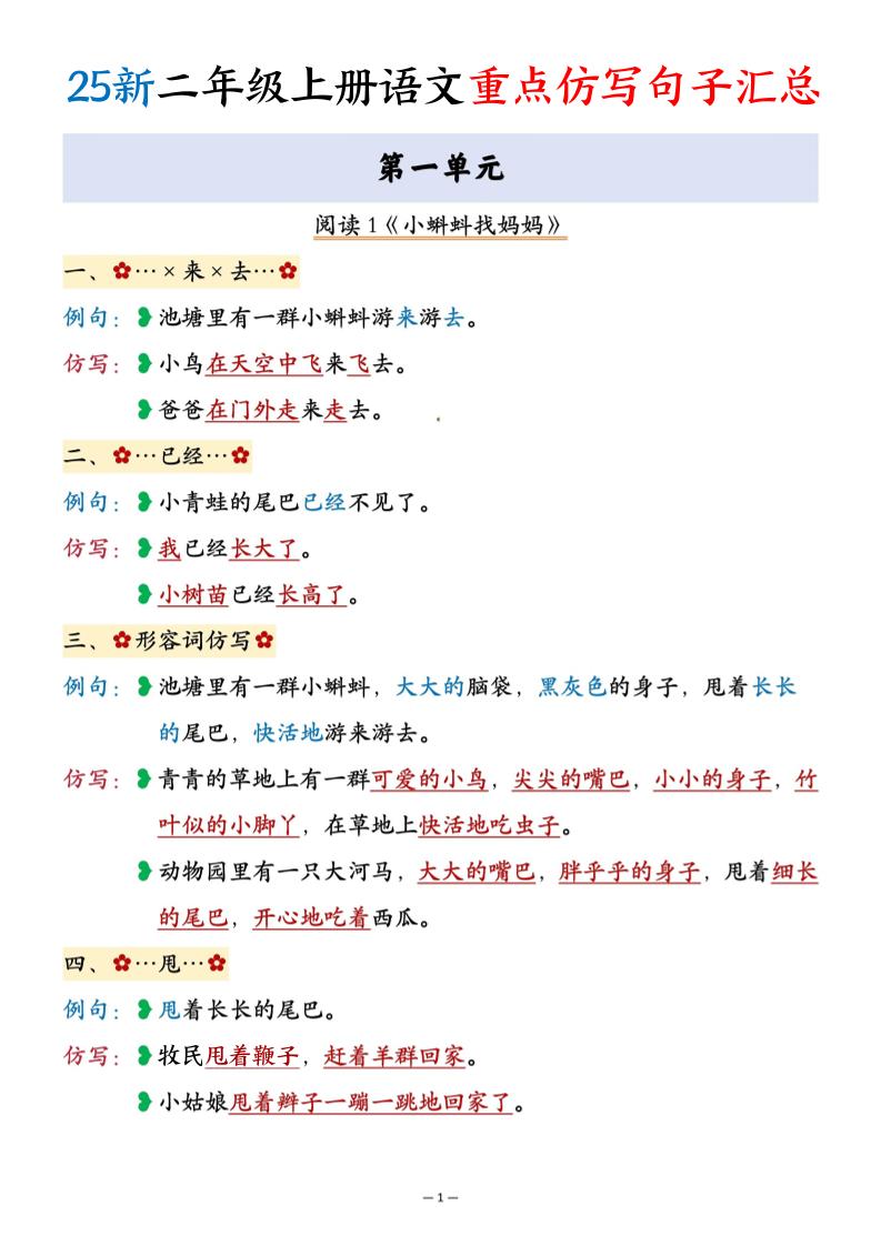 25新二年级上语文重点仿写句子汇总-柒染云阁