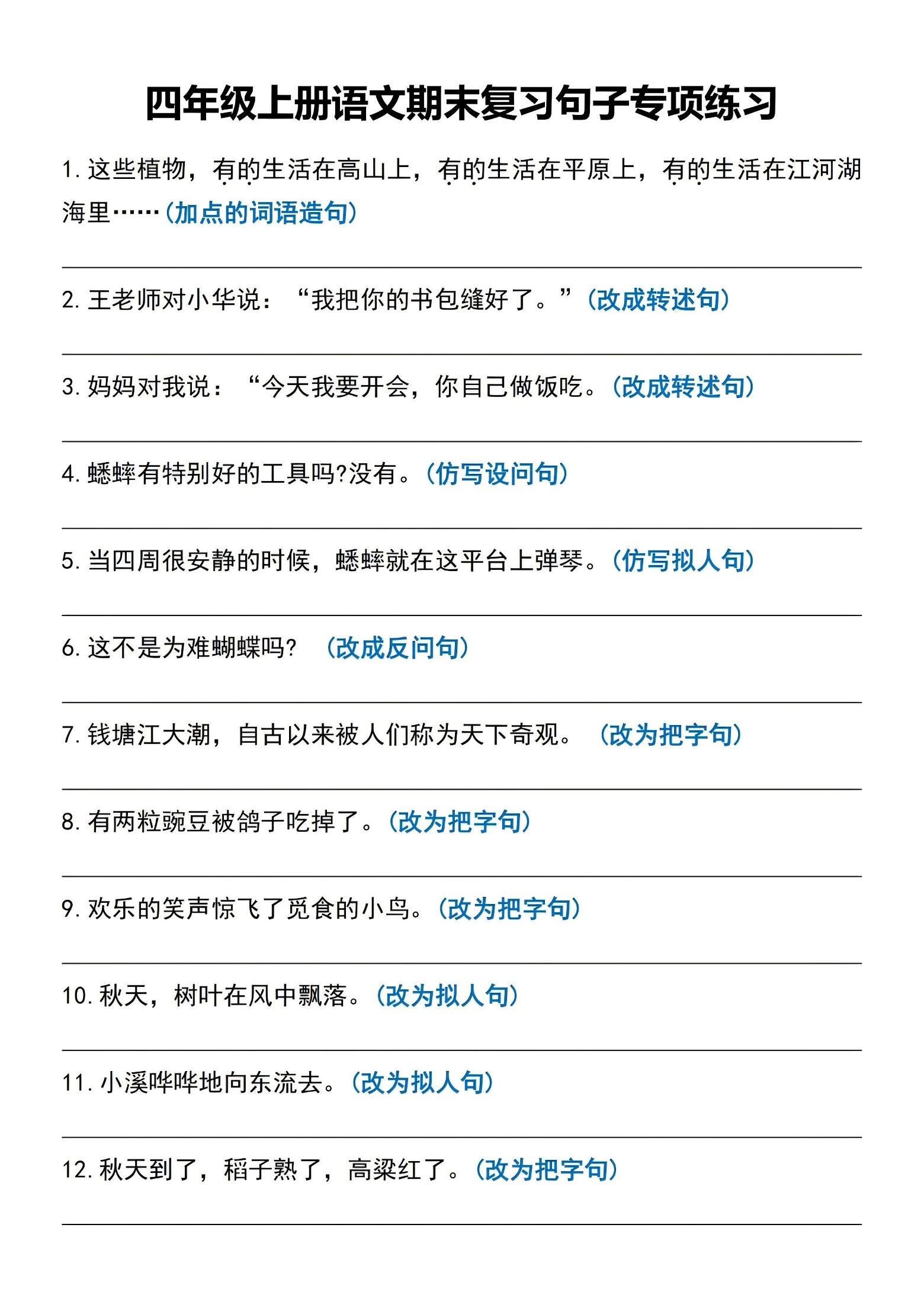 四年级上语文期末复习句子专项练习-柒染云阁