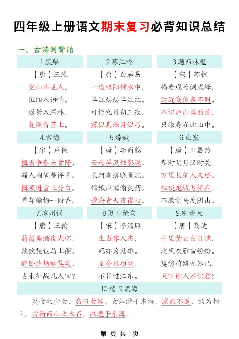 四年级上语文期末复习必背知识总结-柒染云阁