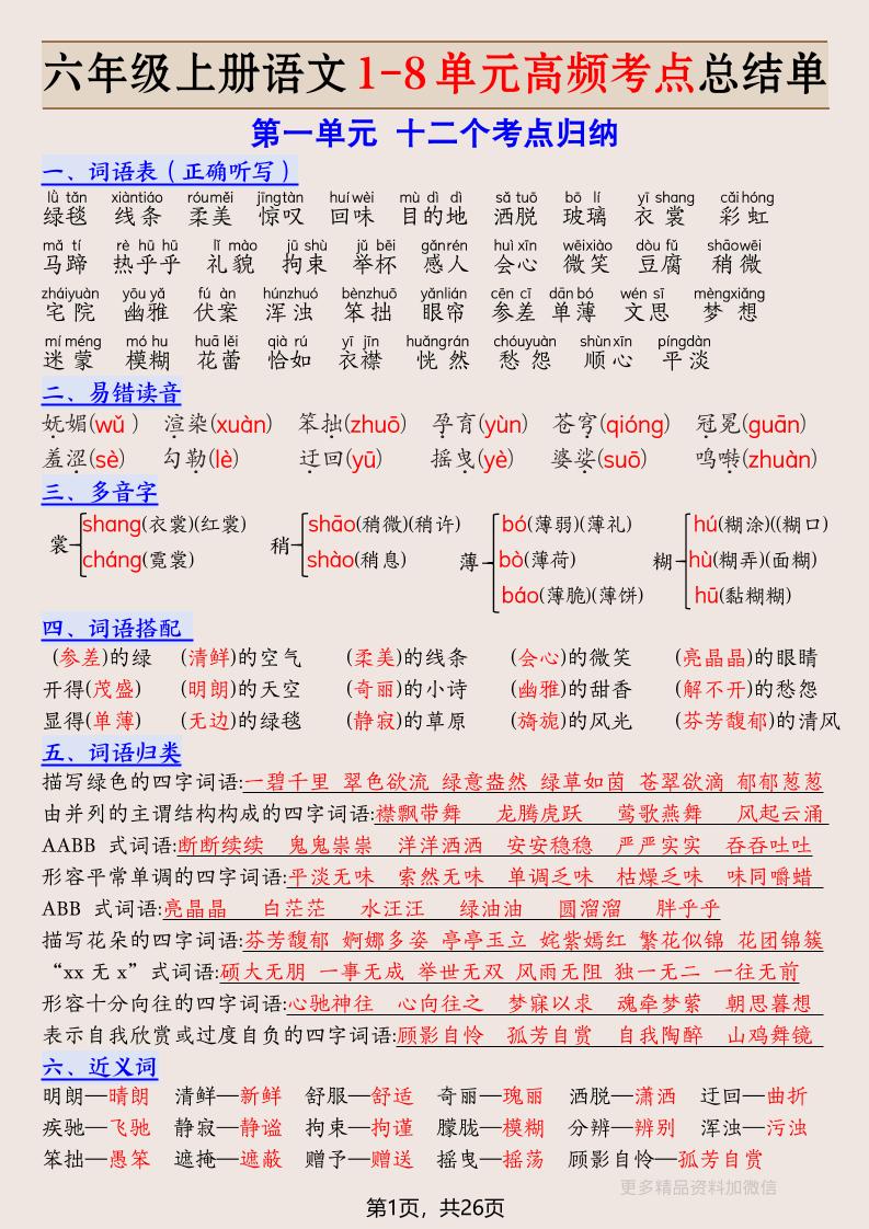 六年级上册语文1-8单元高频考点总结单-26页-柒染云阁